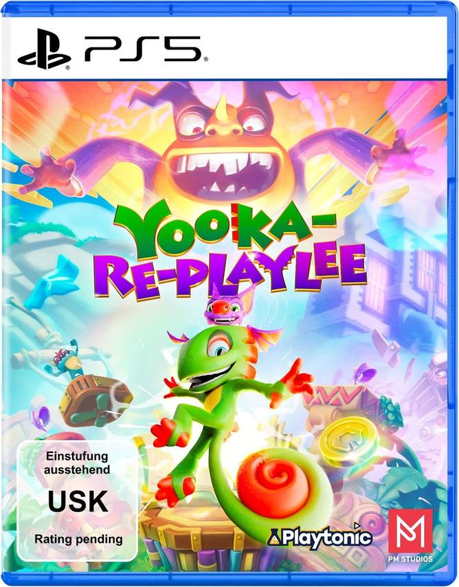 Ein Videospiel-Cover für PS5. Es zeigt Zeichentrickfiguren mit dem Spieletitel 'Yooka-Replaylee'. Das Cover ist lebendig und farbenfroh.