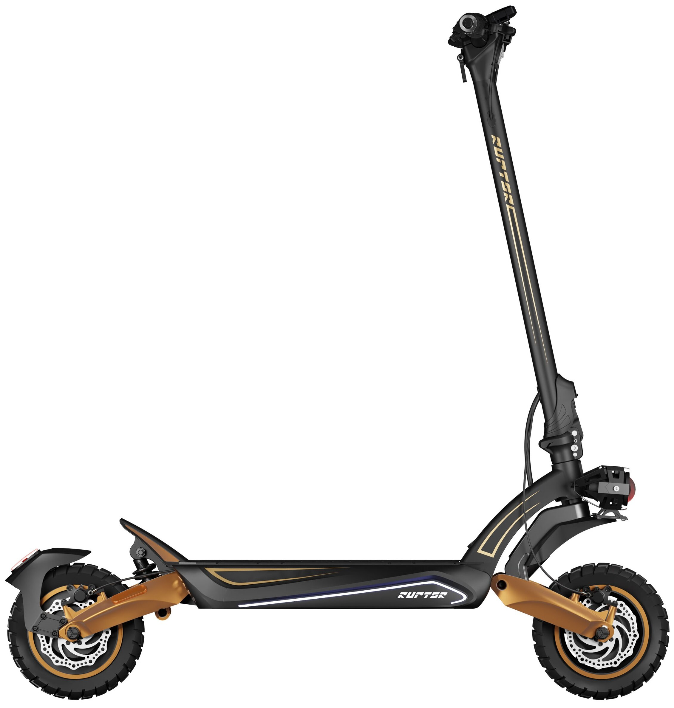 Czarno-złota hulajnoga elektryczna na białym tle. Zawiera koła, kierownicę i platformę.
