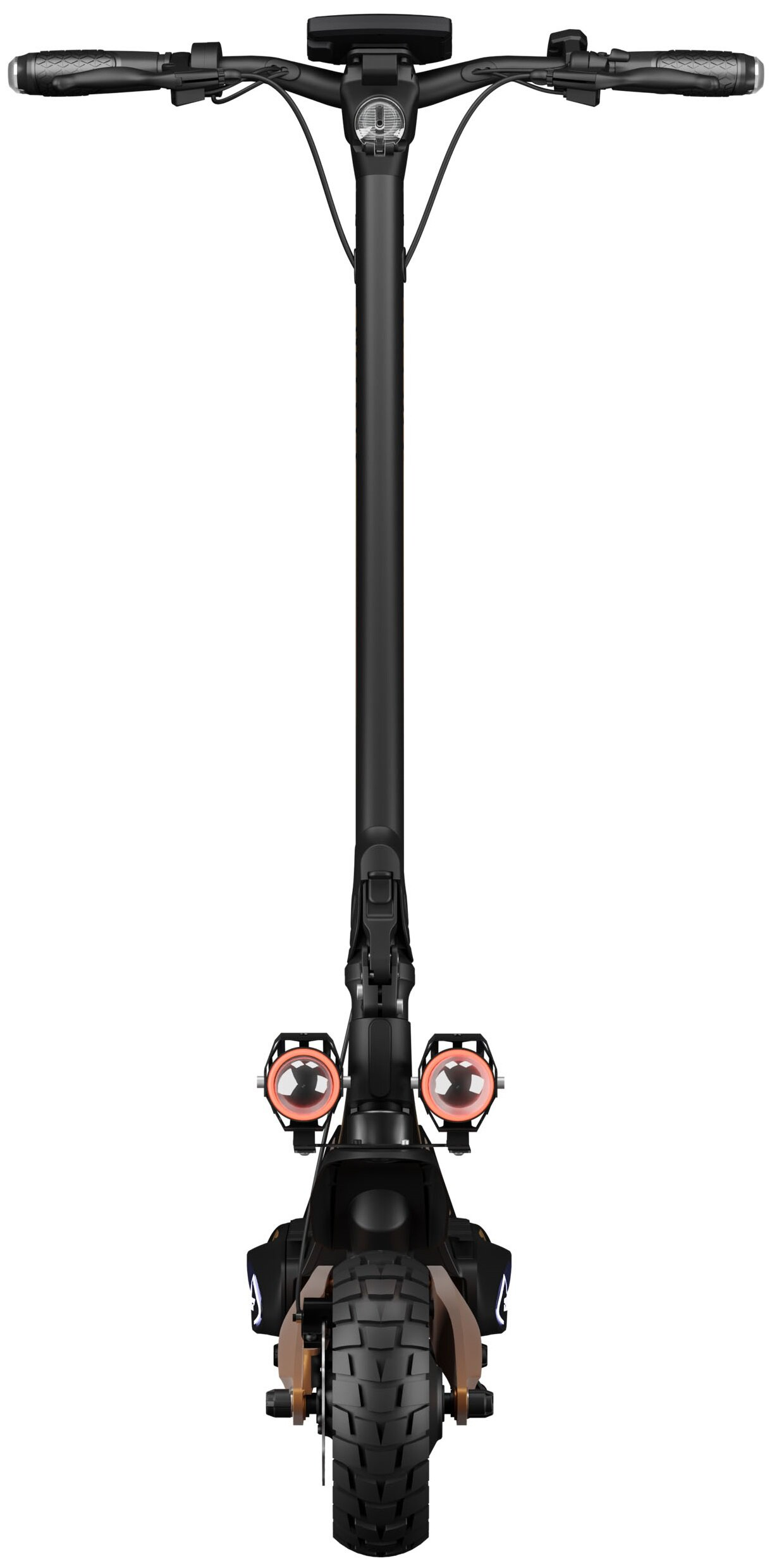 Czarna hulajnoga elektryczna, widok z przodu. Posiada kierownicę, reflektor, dwa czerwone światła i dużą oponę.