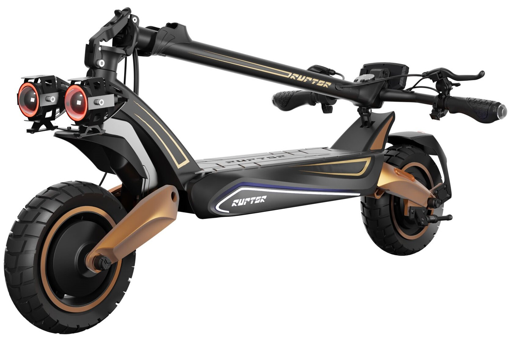 Czarno-złota hulajnoga elektryczna. Posiada reflektory, zakrzywioną kierownicę i duże koła. Widoczna nazwa marki "RUPTER".