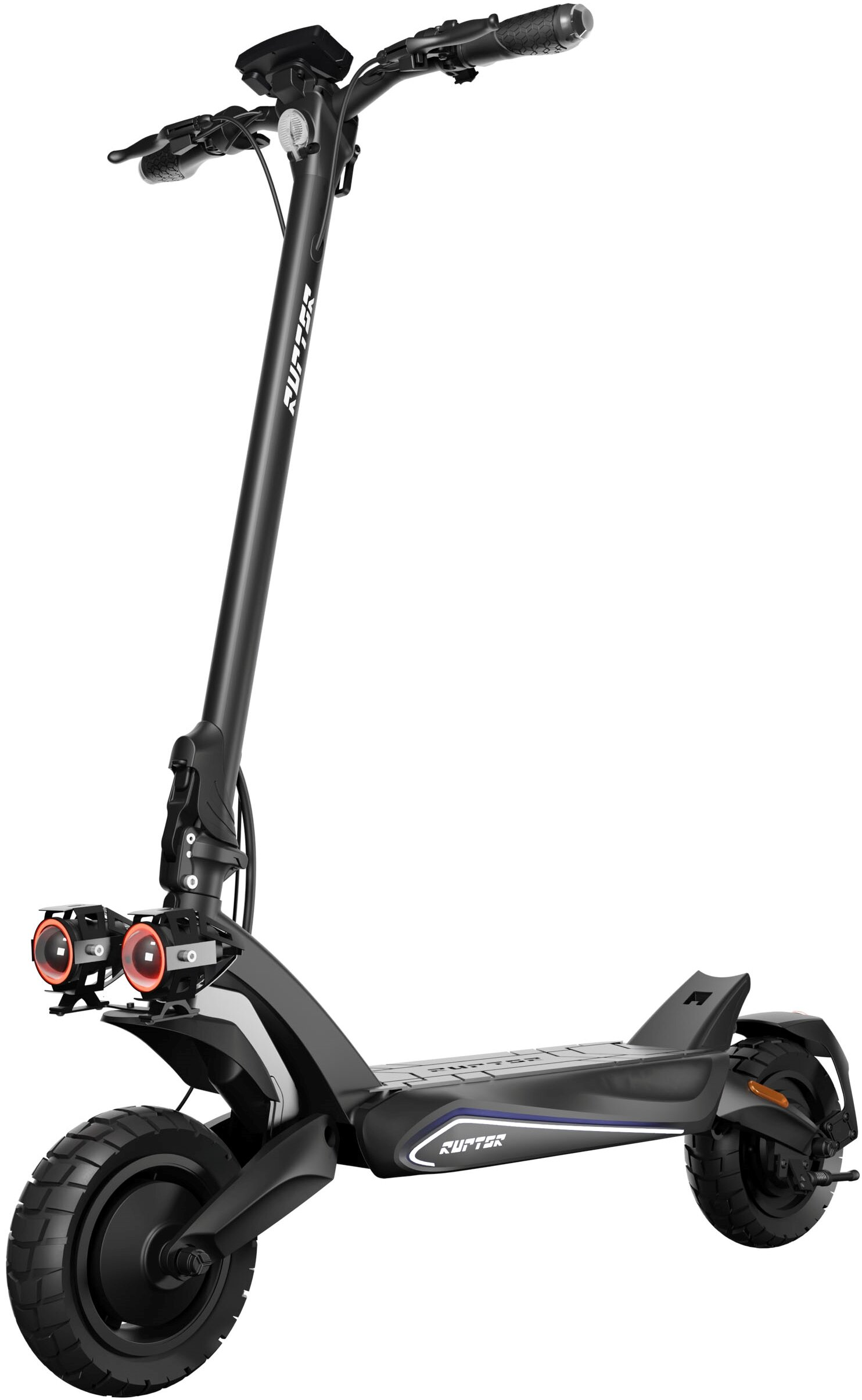 Czarna hulajnoga elektryczna z marką "RAPTER". Posiada dwa przednie światła i dwa koła.