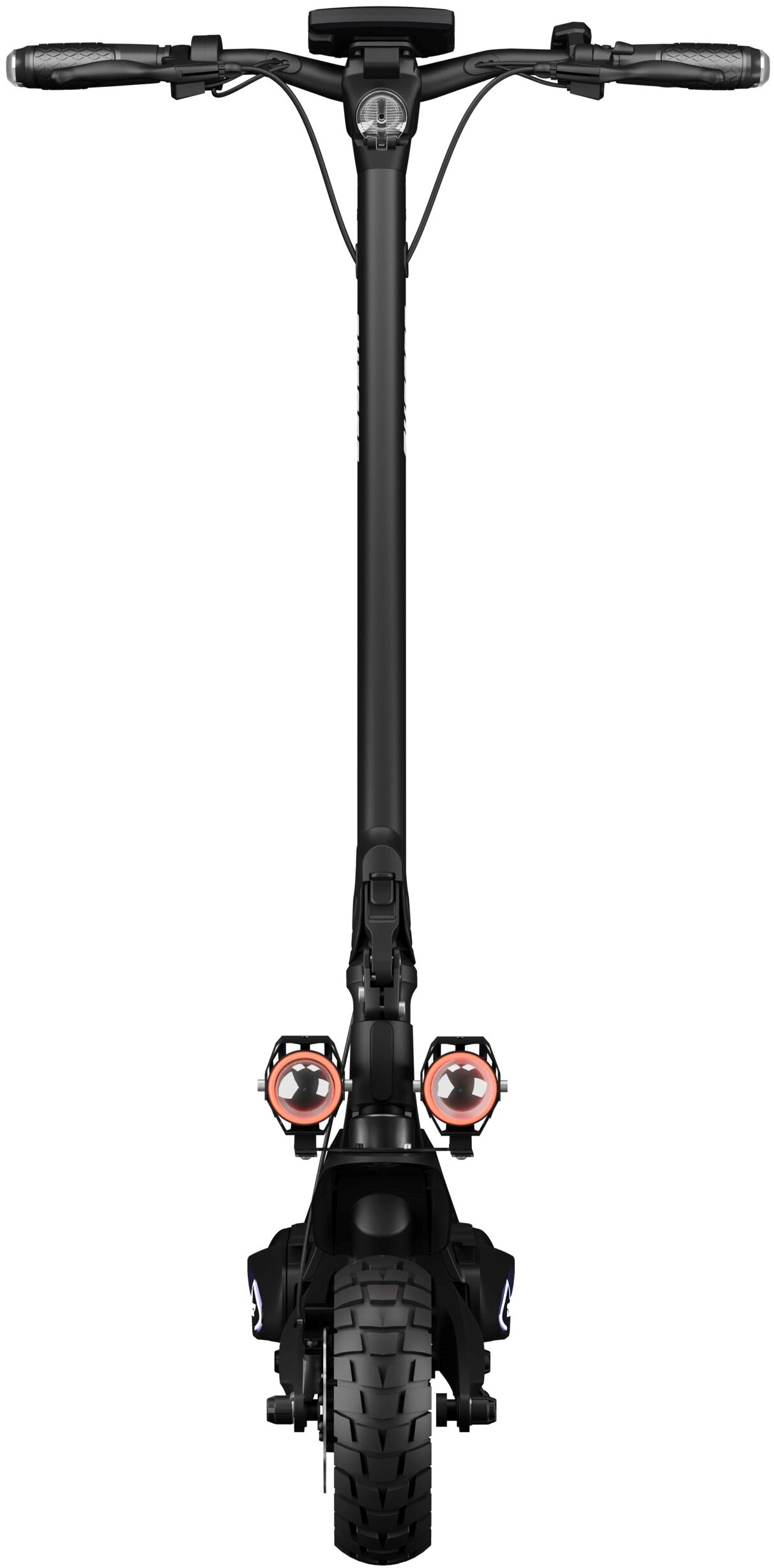 Czarny skuter elektryczny, widok z przodu. Posiada kierownicę, światła i grubą oponę. Światła są okrągłe i pomarańczowe.