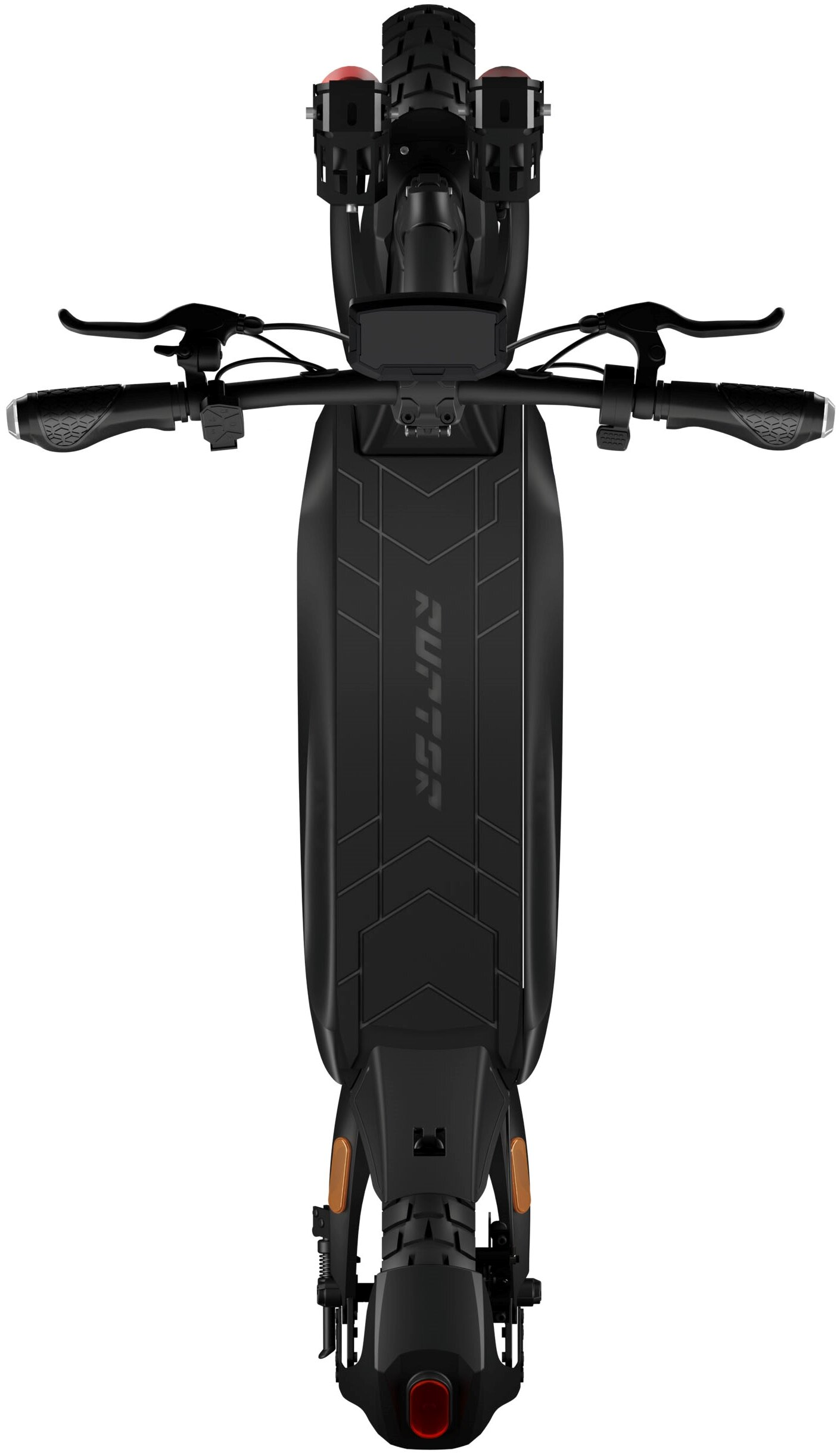 Widok z góry na czarną hulajnogę elektryczną. Widoczne kierownice, centralny korpus z nazwą marki i tylne światła.