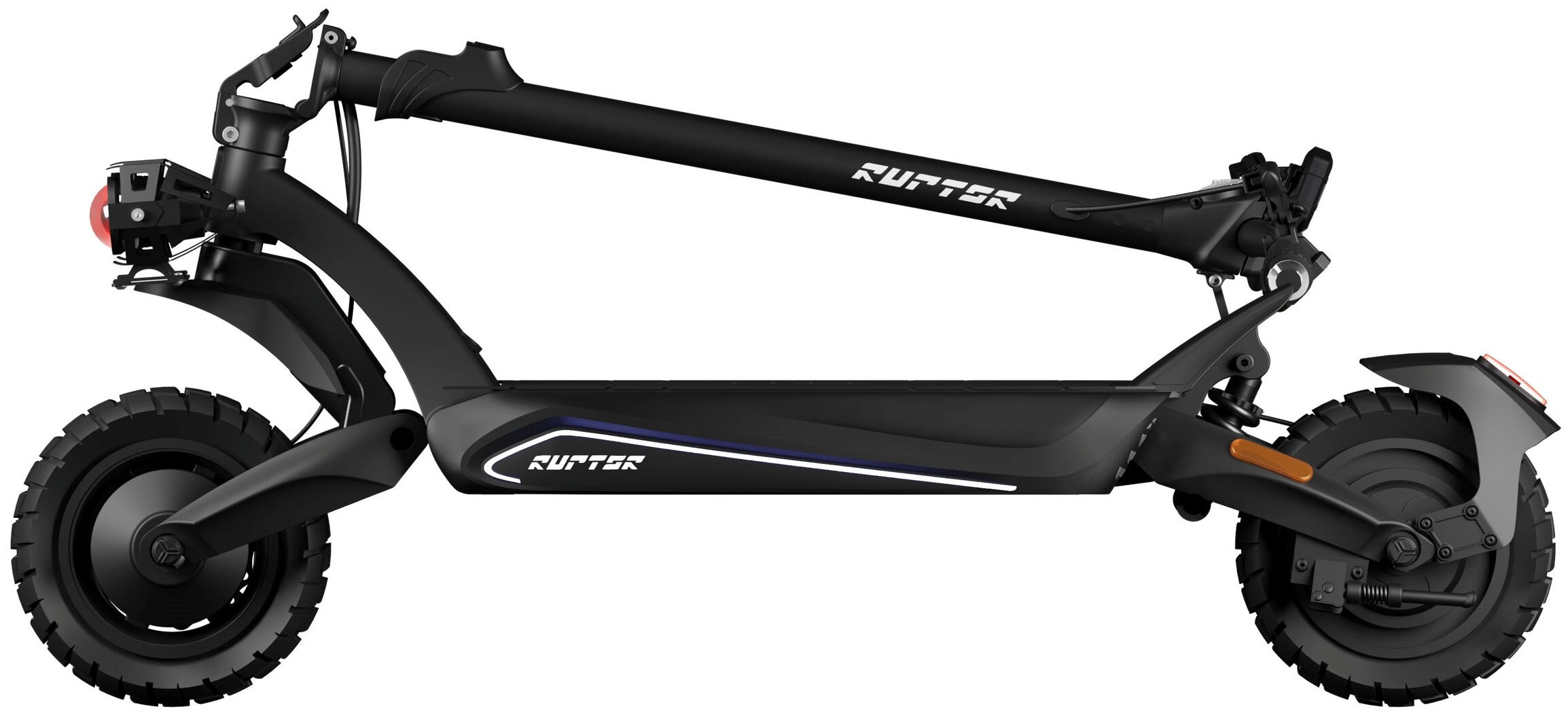 Czarny skuter elektryczny RUPTER, widok z boku. Ma duże koła, reflektor i tylne światło, wszystko na białym tle.