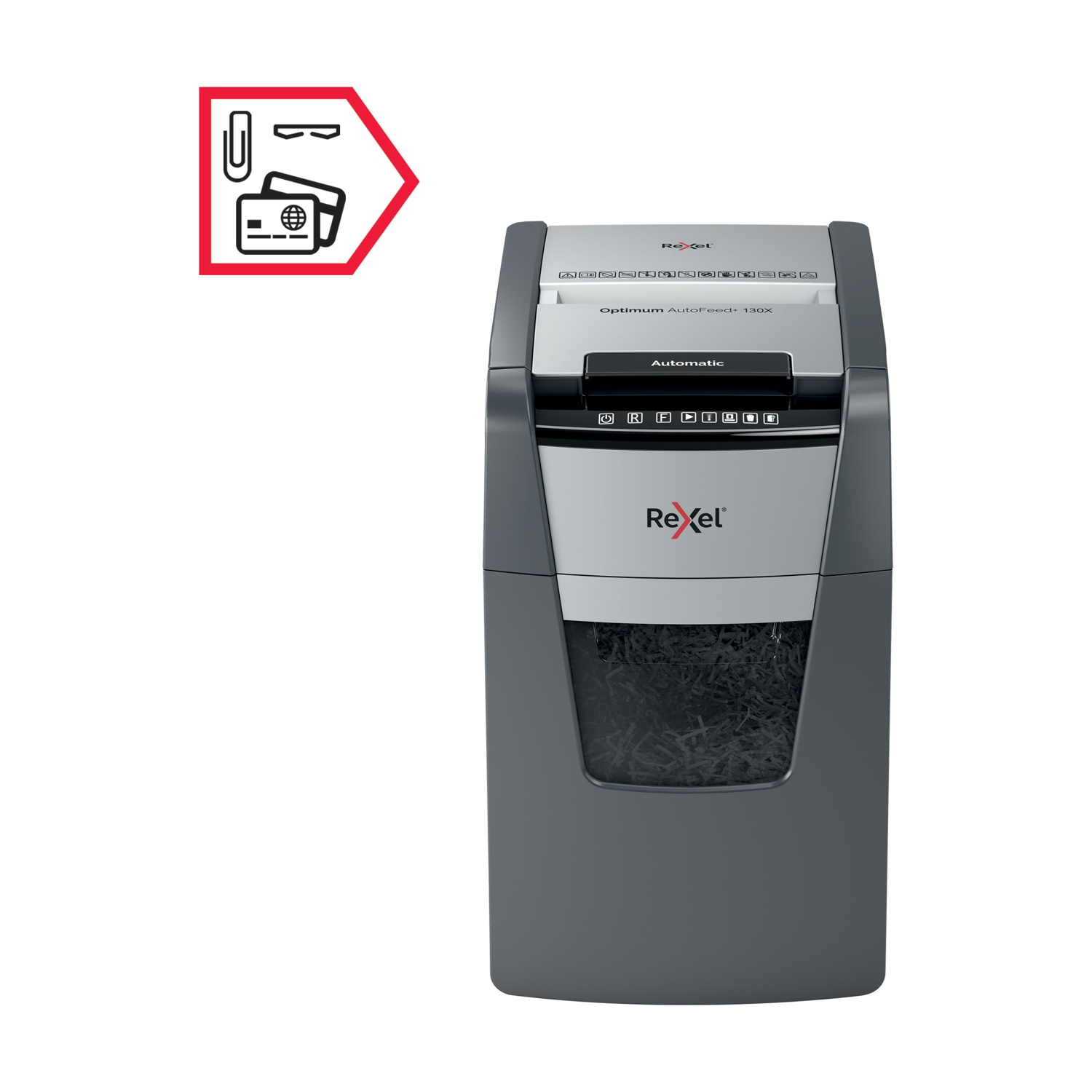 Un distruggidocumenti Rexel Optimum AutoFeed+ 130X grigio e argento con una freccia rossa che punta alle icone di carta, punti metallici e carte di credito.