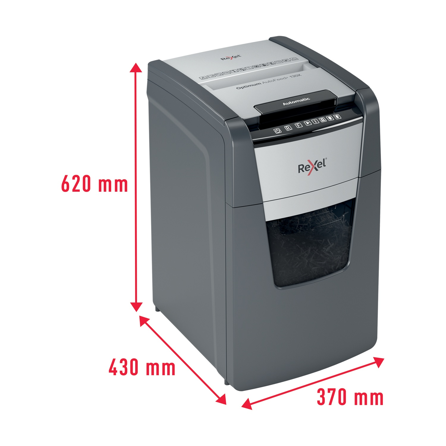 Un distruggidocumenti Rexel grigio e bianco. Dimensioni: altezza 620 mm, larghezza 430 mm e profondità 370 mm. Distruggidocumenti automatico.