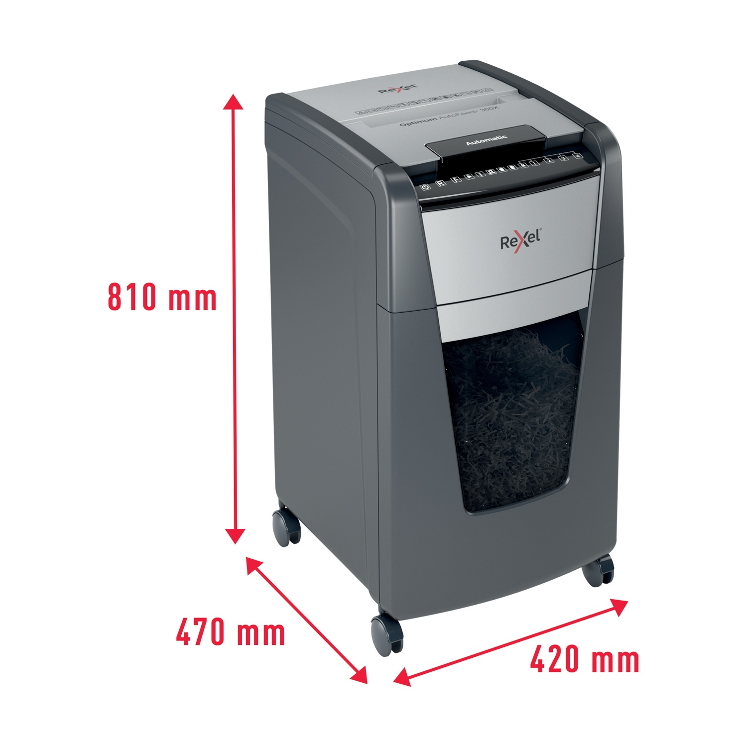 Un tritadocumenti Rexel grigio e argento con un cestino visibile. Dimensioni: 810 mm di altezza, 470 mm di larghezza e 420 mm di profondità.