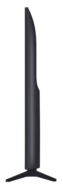 Widok z boku czarnego telewizora z płaskim ekranem. Ma cienką ramkę, zakrzywioną konstrukcję i jest podparty dwunożnym stojakiem.