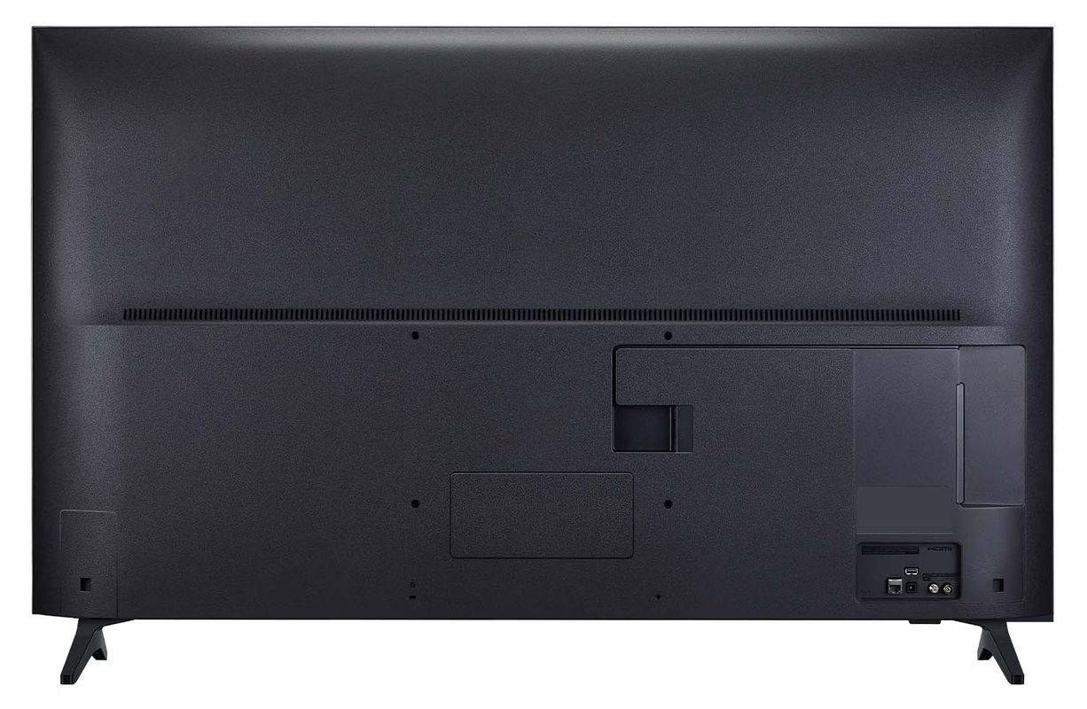 Tył czarnego telewizora z płaskim ekranem. Ma teksturowaną powierzchnię, porty, wentylację i dwie czarne nóżki.