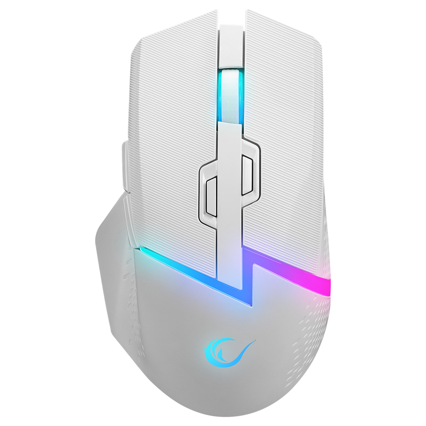 RGB aydınlatmalı beyaz bir oyun faresi. Bir logo ve tasarım öğeleri içerir. Beyaz bir arka plan üzerinde izole edilmiştir.