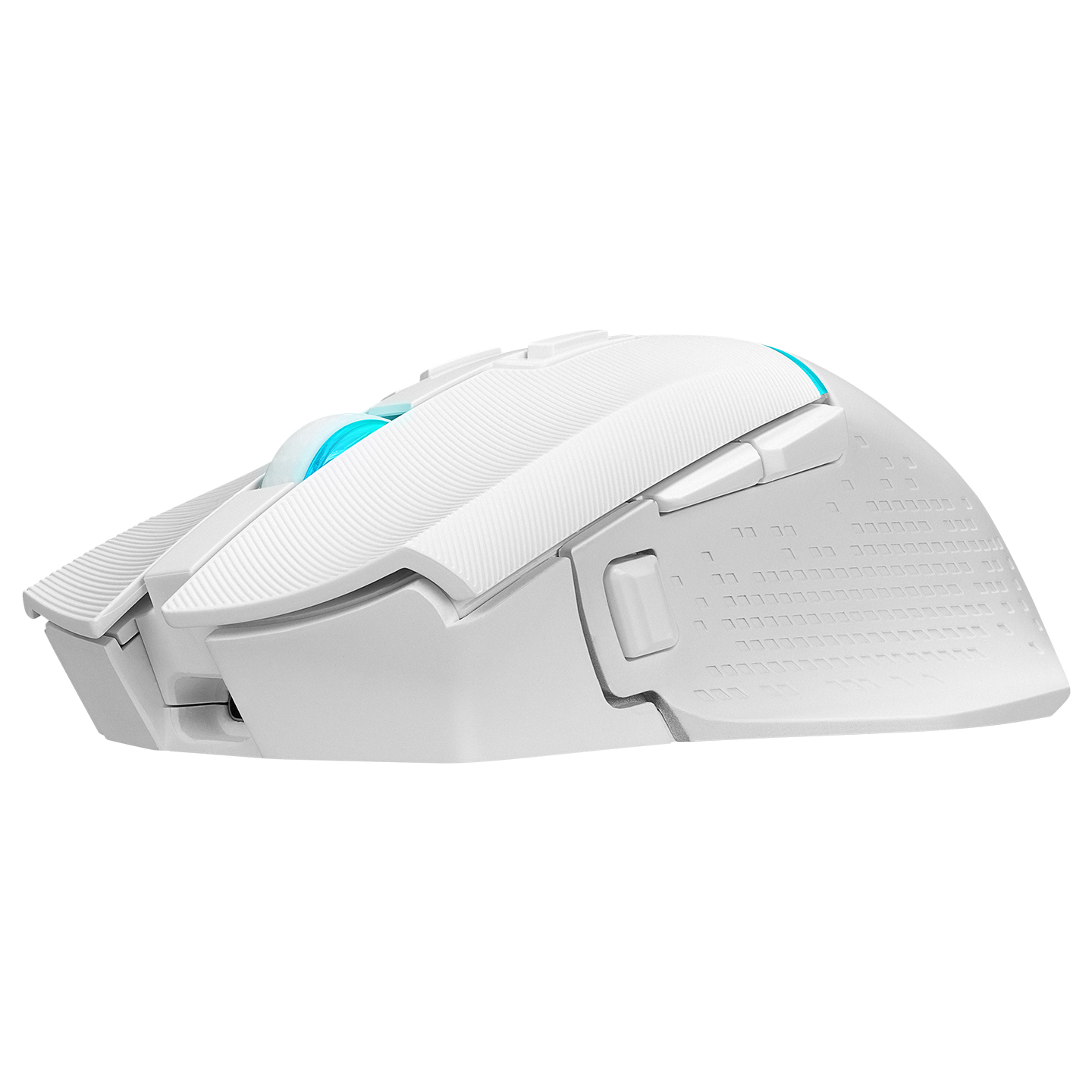 Gri detaylar ve mavi ışıkla beyaz ergonomik bir bilgisayar faresi. Fare, dokulu yüzeylere ve modern bir tasarıma sahiptir.