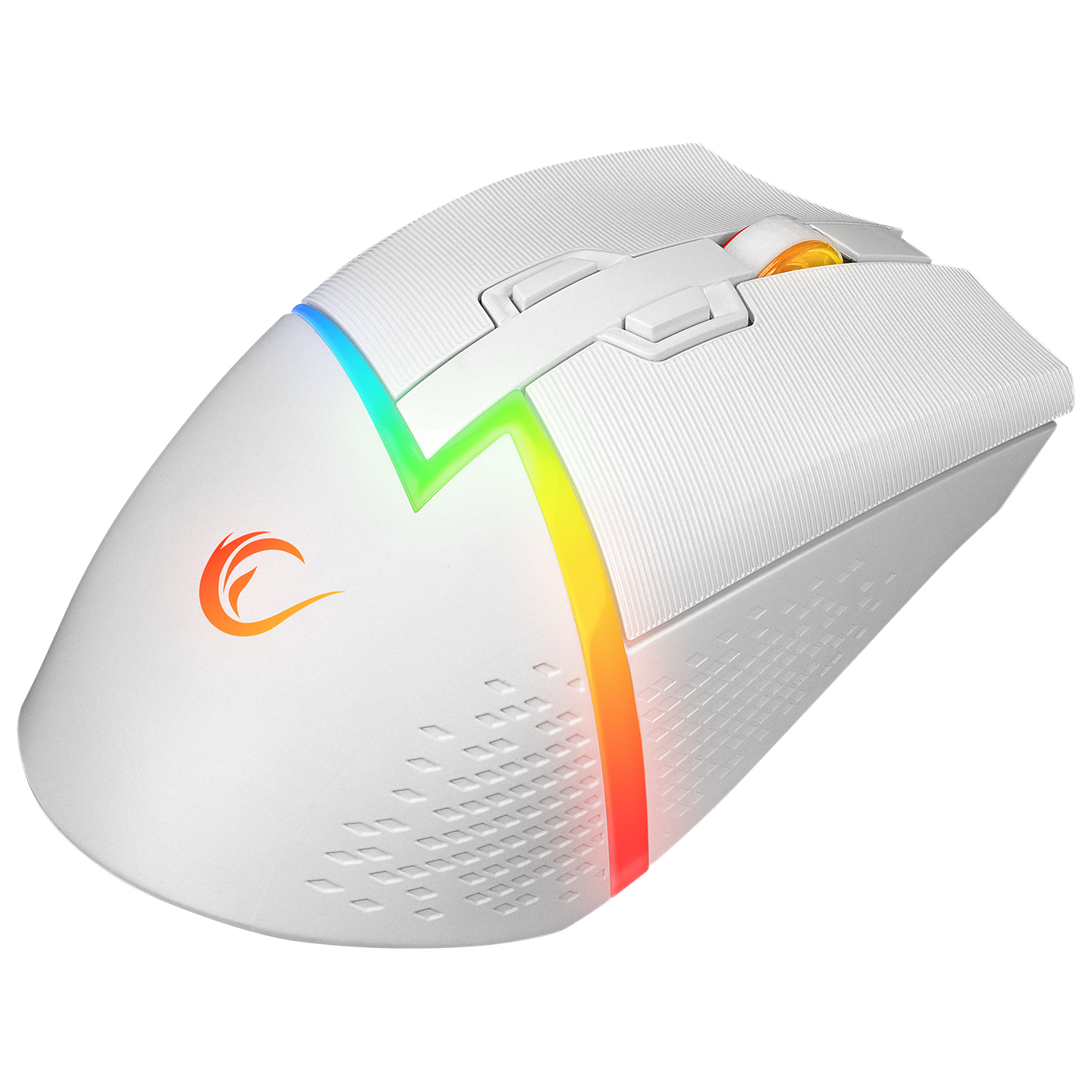 RGB aydınlatmalı beyaz oyun faresi. Bir logo ve dokulu yüzeylere sahiptir. Farede düğmeler ve bir kaydırma tekerleği bulunur.