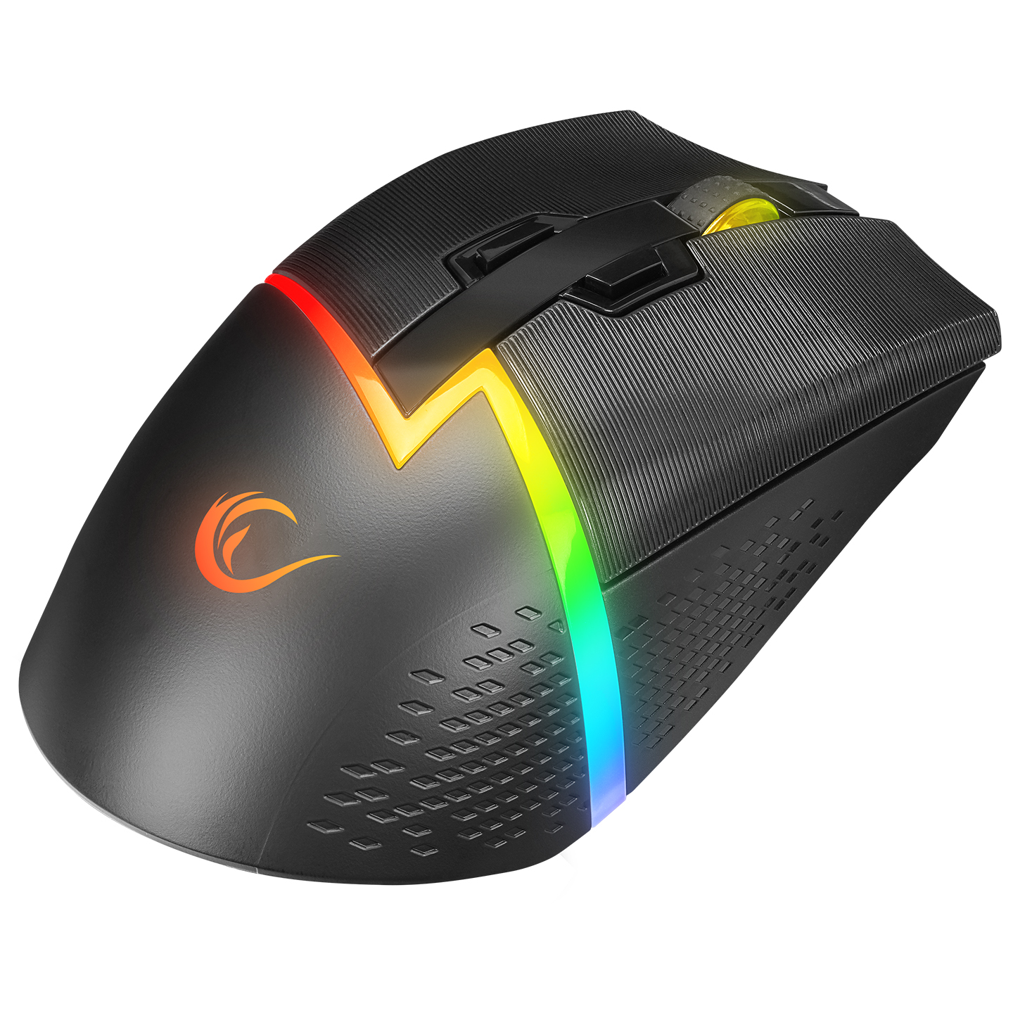 RGB aydınlatmalı siyah oyun faresi. Yan tarafta turuncu logo. Fare dokulu bir yüzeye ve çoklu düğmelere sahiptir.