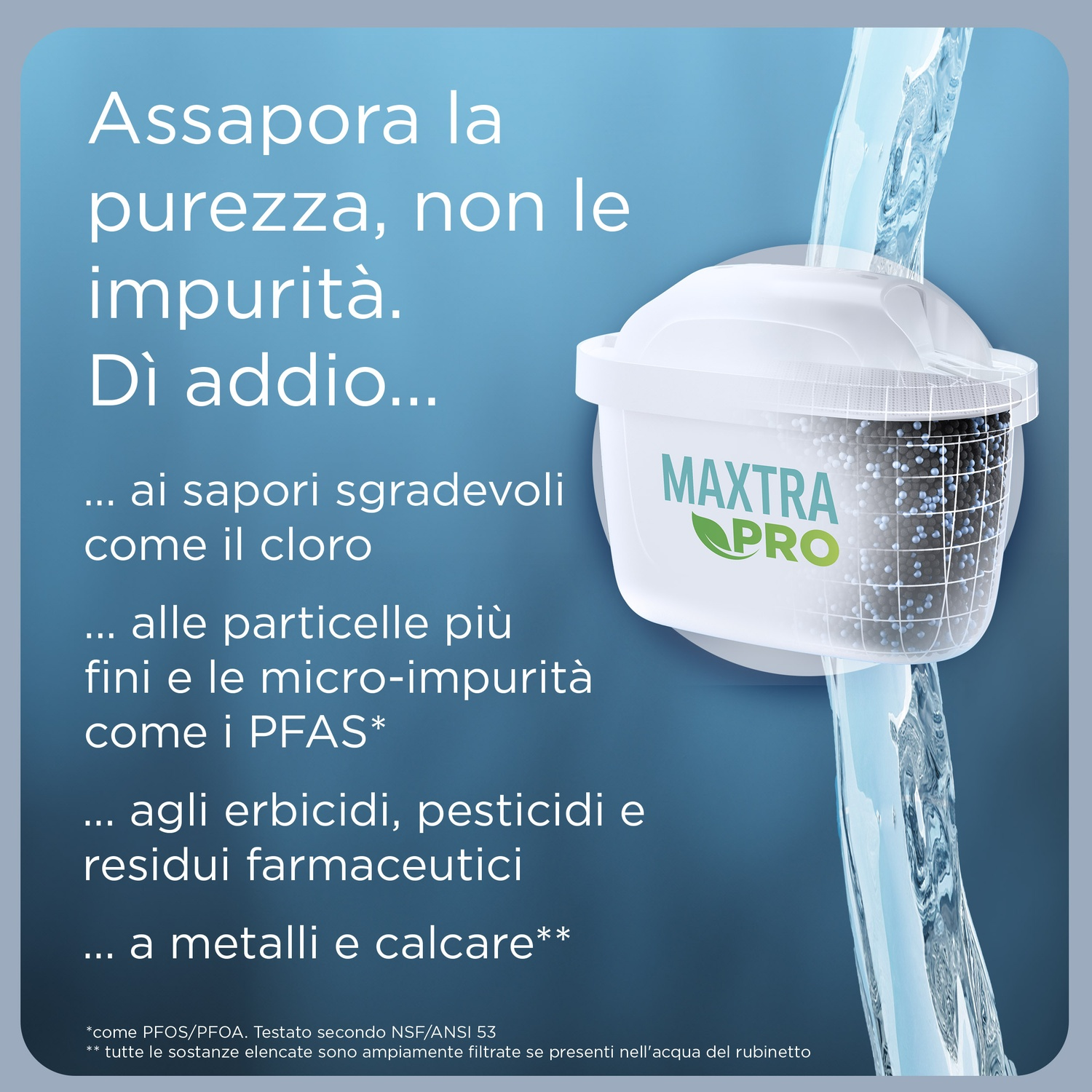 Un filtro per l'acqua con la scritta 'MAXTRA PRO'. L'acqua scorre attraverso. Il testo pubblicizza la rimozione delle impurità.