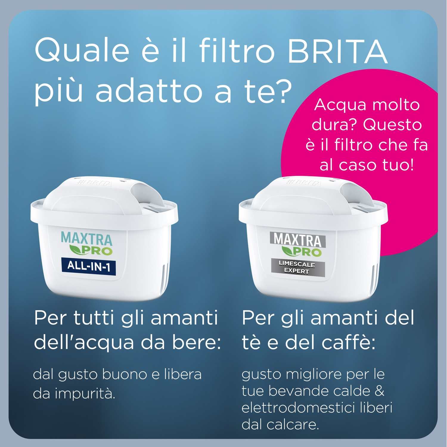 L'immagine mostra due filtri per l'acqua Brita. Uno è per uso generale, l'altro per tè e caffè, con testo in italiano.
