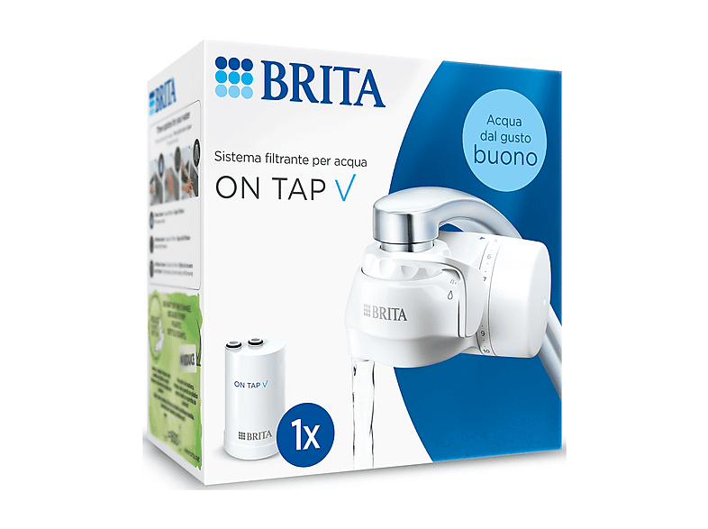 Brita ON TAP V incl. 1 x filtro acqua rubinetto (4 mesi) - riduce cloro, Pfas, piccole particelle e metalli indicatore durata manuale Filtro PER