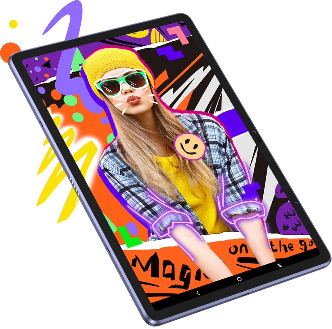 Tablet, stilizált képpel egy napszemüveges, sárga kalapos nőről, mosolygós matricával.