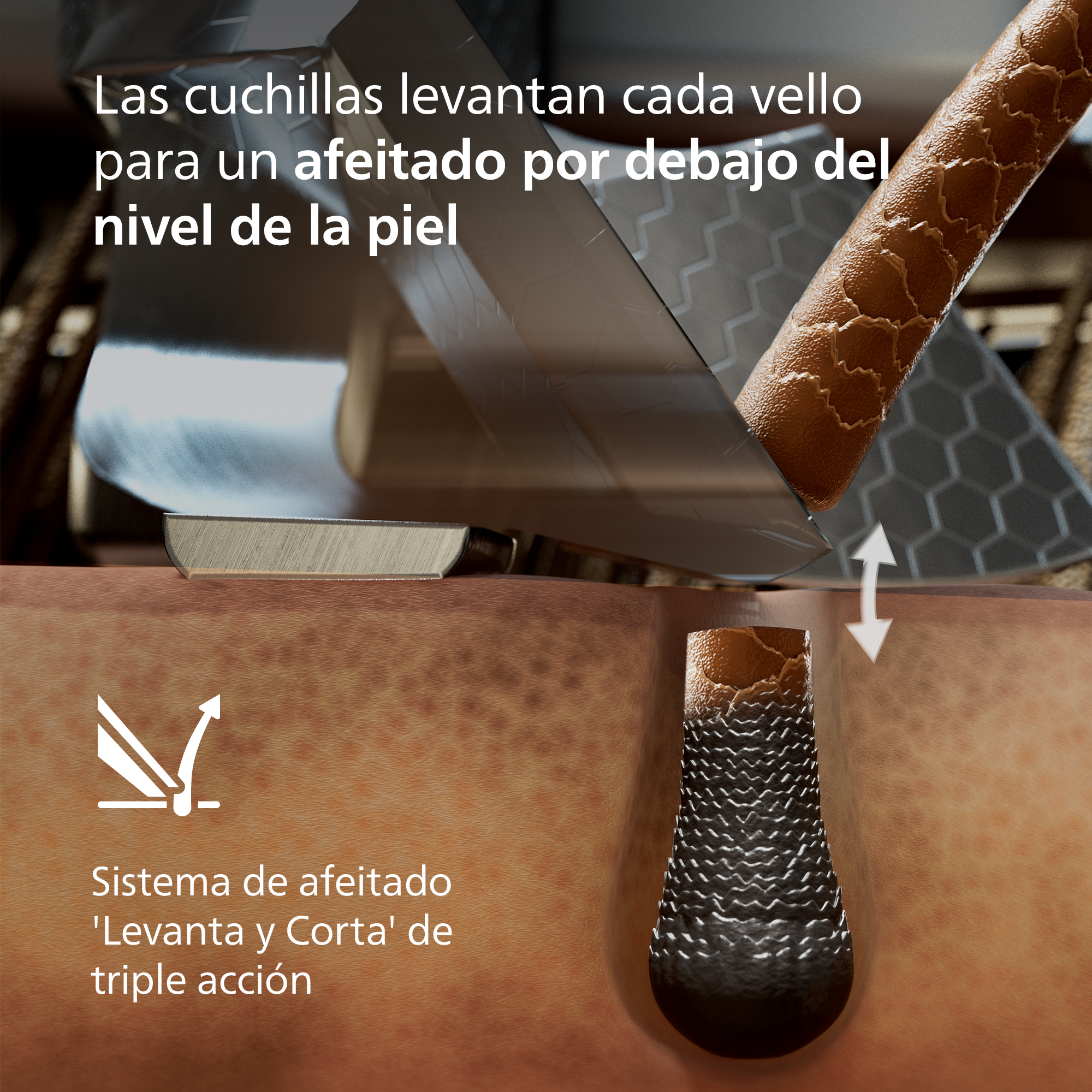 Las cuchillas levantan cada vello para un afeitado por debajo del nivel de la piel. Sistema de afeitado 'Levanta y Corta' de triple acción.