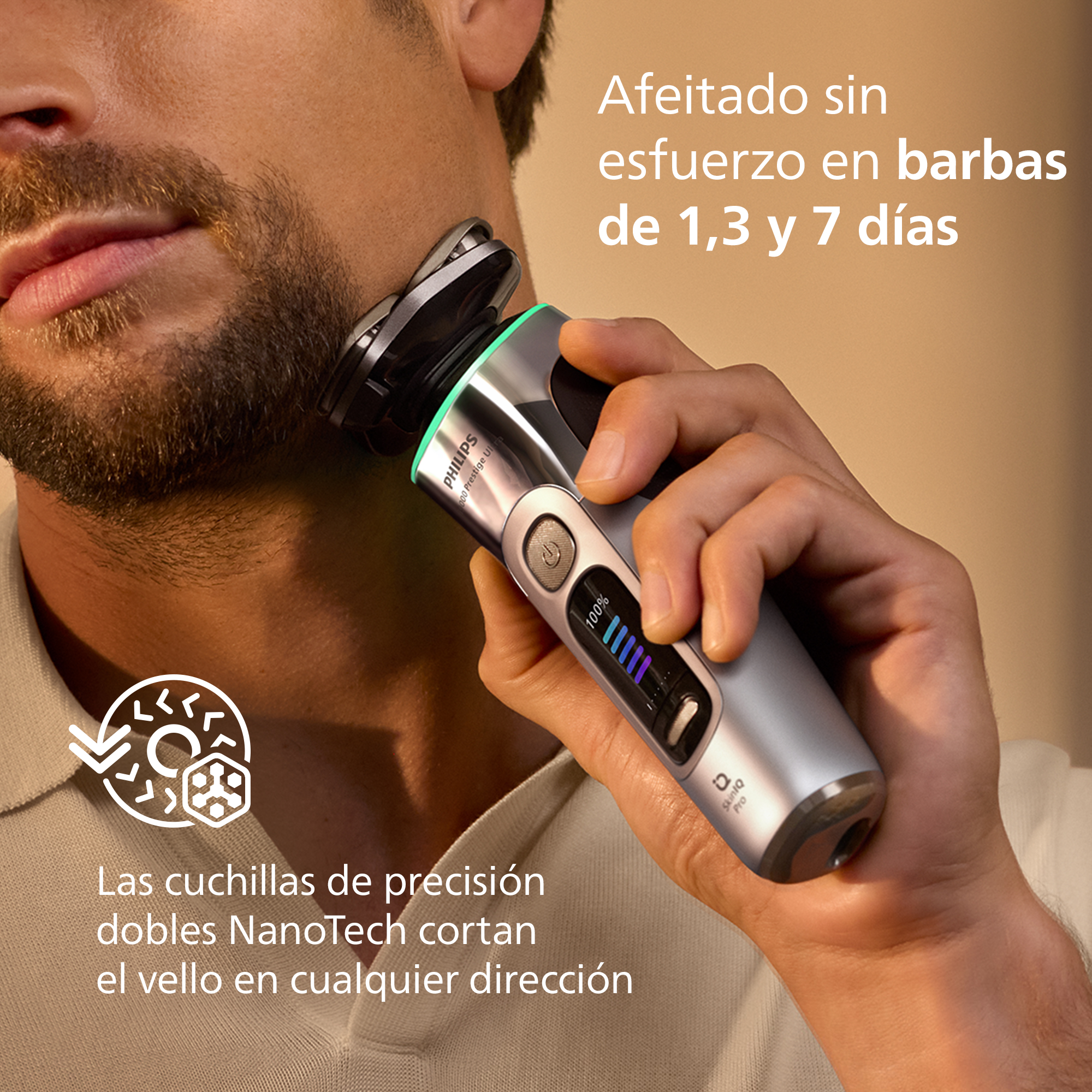 Afeitado sin esfuerzo en barbas de 1, 3 y 7 días. Las cuchillas de precisión dobles NanoTech cortan el vello en cualquier dirección.