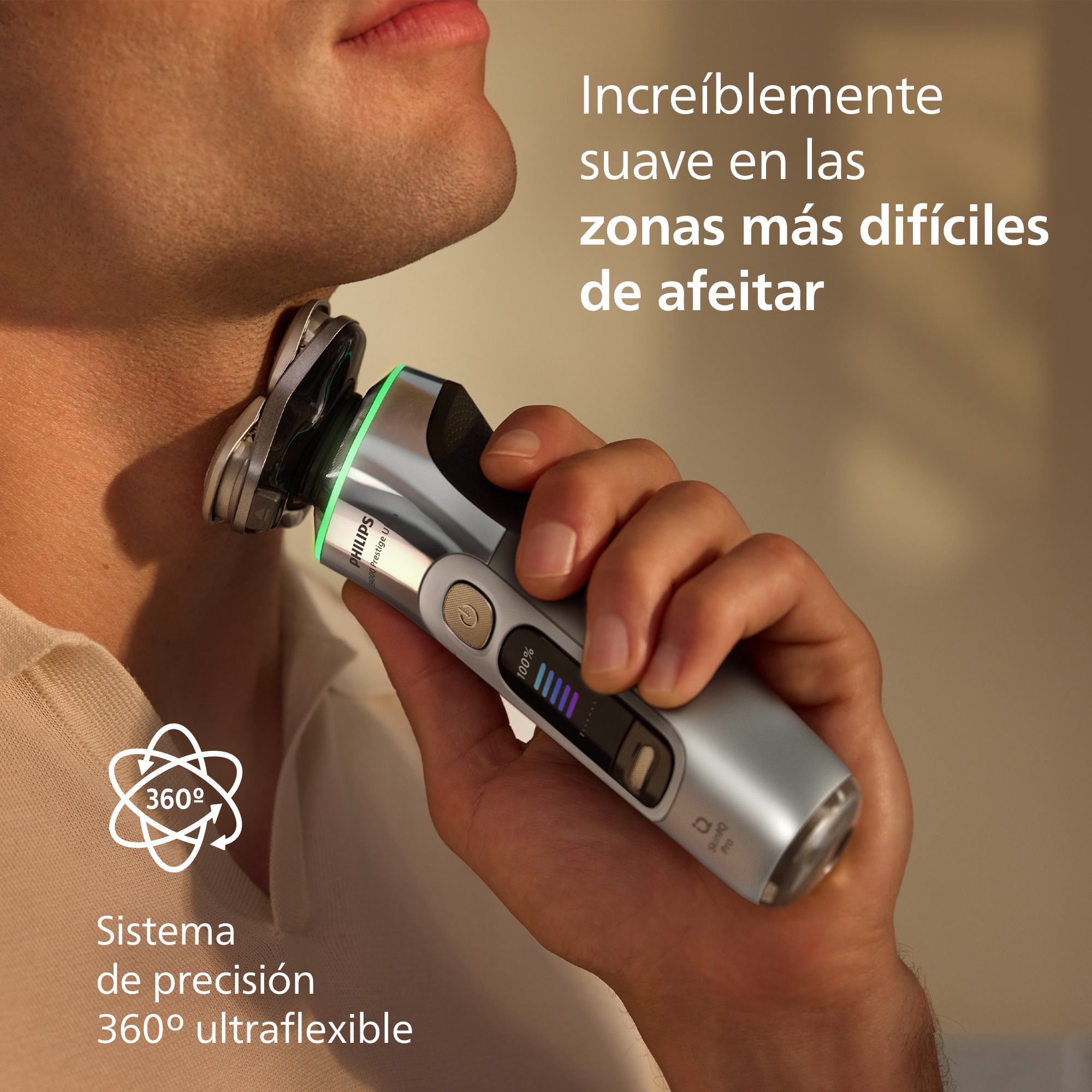 Increíblemente suave en las zonas más difíciles de afeitar. Sistema de precisión 360 grados ultraflexible.
