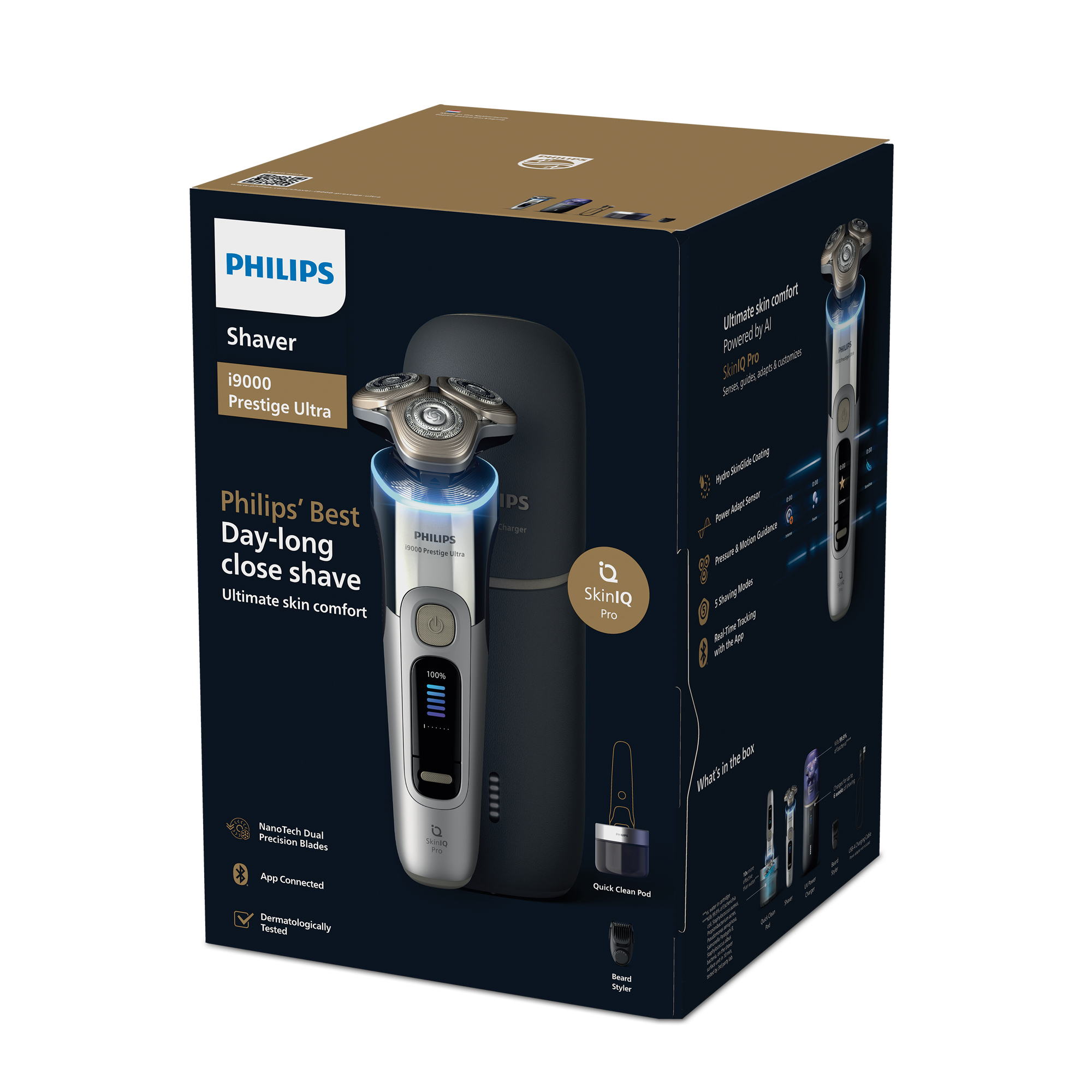 Afeitadora Philips en caja, i9000 Prestige Ultra, con afeitadora, cargador y accesorios visibles. El texto en la caja destaca las funciones.