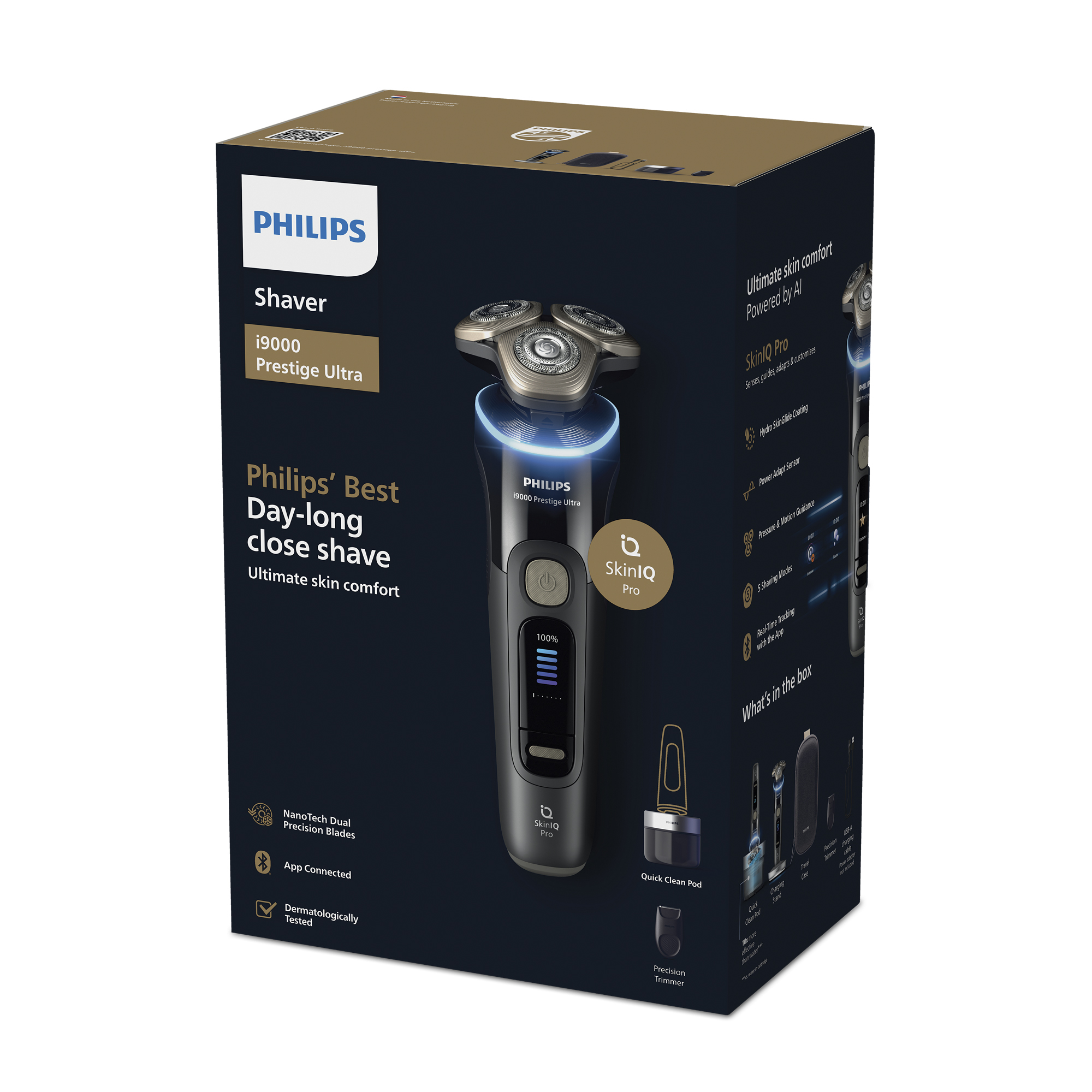 La caja muestra una afeitadora Philips. Tiene el nombre, el modelo y las características enumeradas. Una afeitadora se muestra en la caja.
