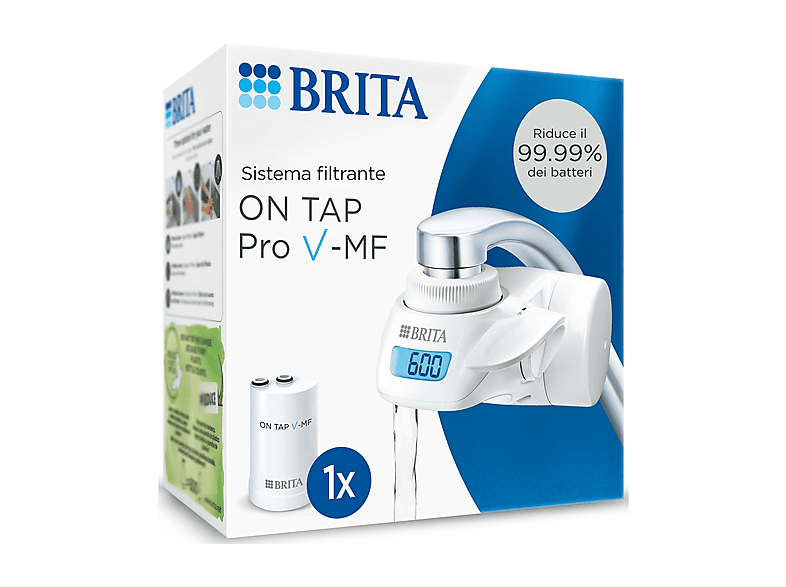 Brita ON TAP Pro V-Mf incl. 1 x filtro acqua rubinetto (600L) - riduce cloro, 99,99% dei batteri, Pfas display contalitri digitale Sistema Filtrante