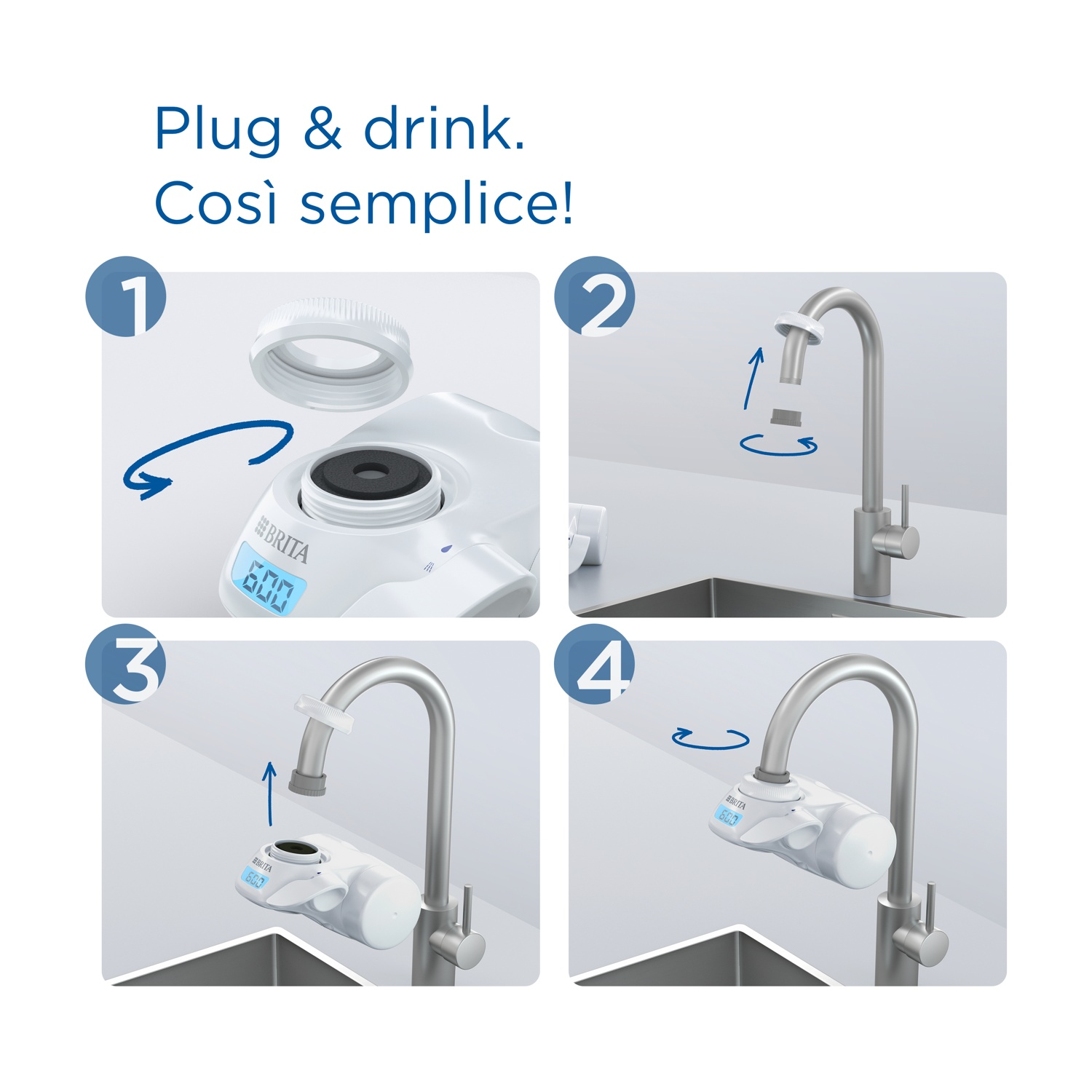 Guida in quattro fasi che mostra come installare un filtro dell'acqua su un rubinetto. Include un filtro bianco, un rubinetto in metallo e un display digitale blu.