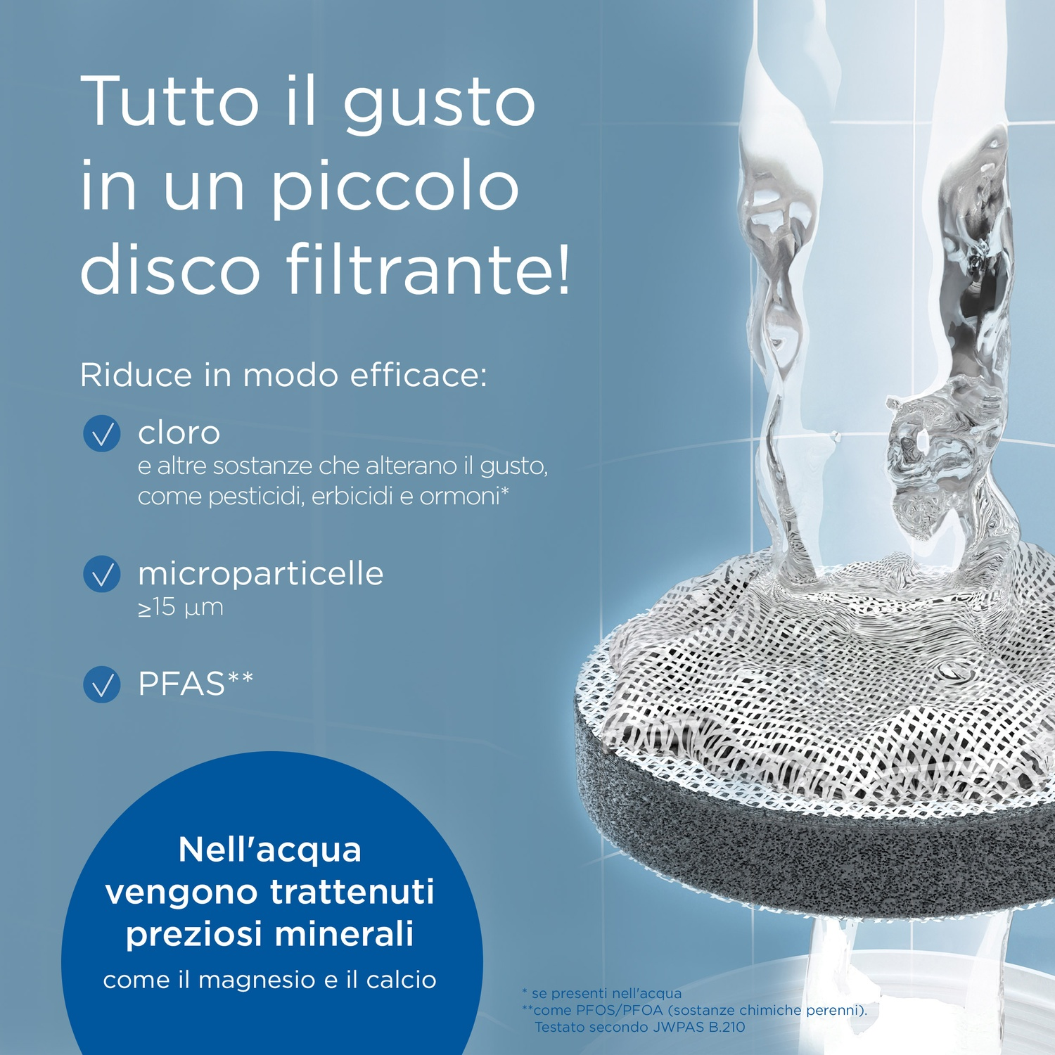 L'acqua scorre su un filtro, circondata da testo sulla purificazione dell'acqua. Il filtro è un disco grigio scuro con una rete bianca.