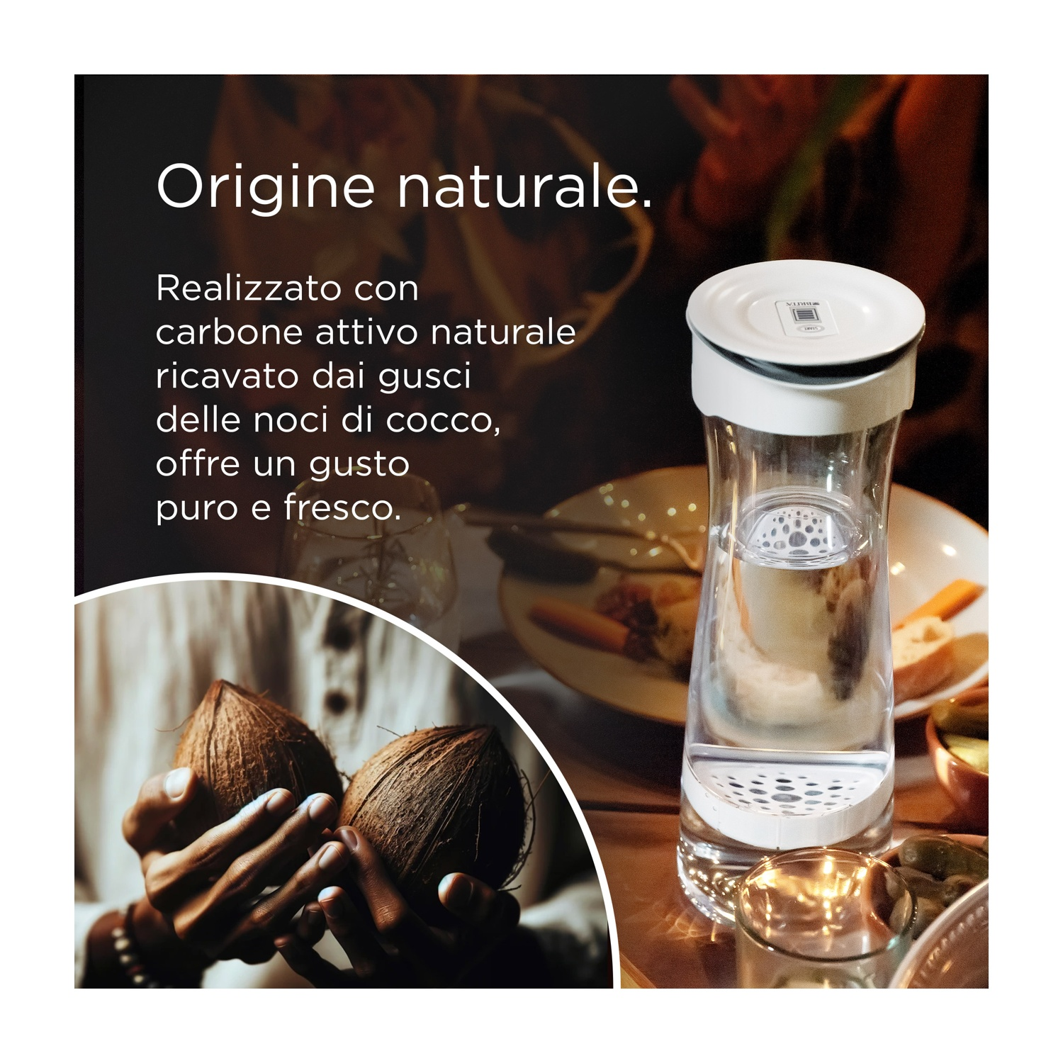 Una persona tiene due noci di cocco. Un filtro dell'acqua è a destra. È visibile anche del testo in italiano.
