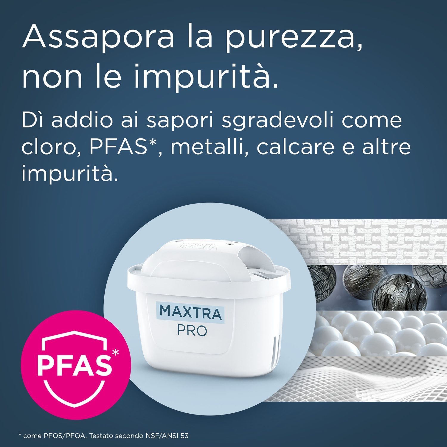Filtro per l'acqua bianco con la scritta MAXTRA PRO. A sinistra, un badge rosa con la scritta PFAS. Il testo in alto dice: 'Assapora la purezza'.