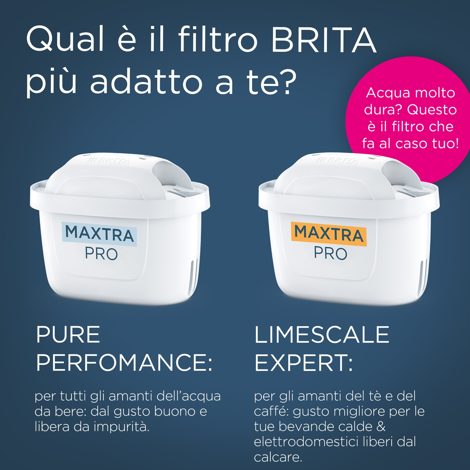 L'immagine mostra due cartucce filtranti per acqua Brita con l'etichetta Maxtra Pro. Una per prestazioni pure, l'altra per esperti di calcare.