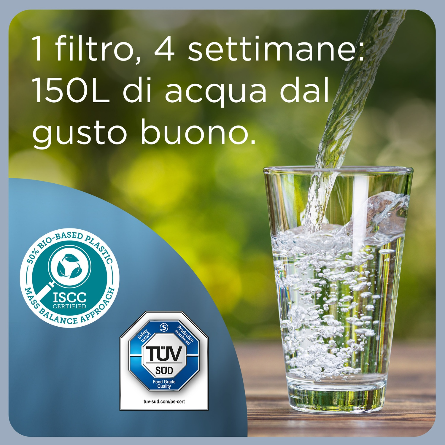 Acqua versata in un bicchiere. Testo italiano: 1 filtro, 4 settimane, 150L di acqua dal buon sapore. Loghi di certificazione.