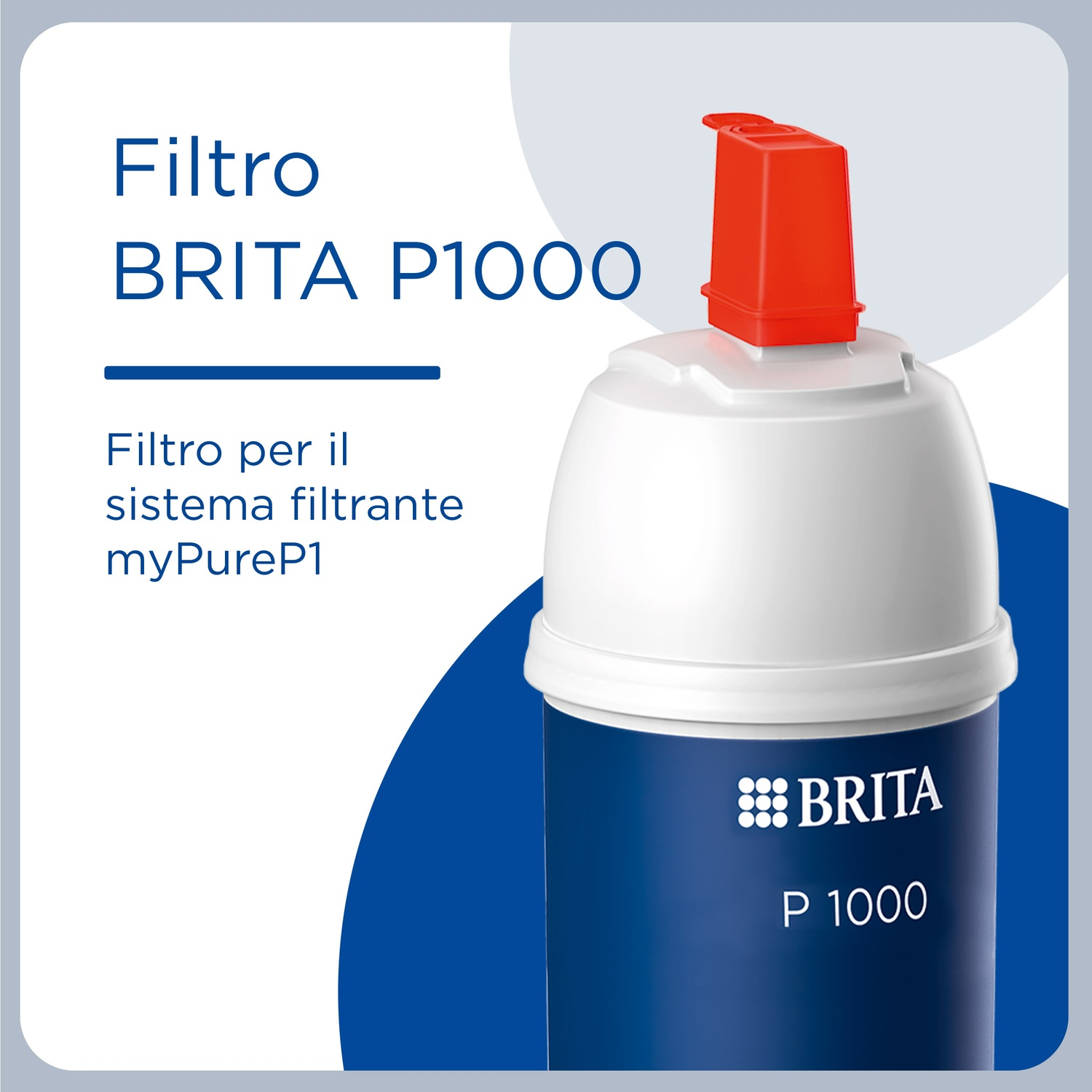 Un filtro BRITA P1000. È bianco e blu, con un tappo arancione. Il testo dice 'Filtro BRITA P1000' e 'Filtro per il sistema filtrante myPureP1'.