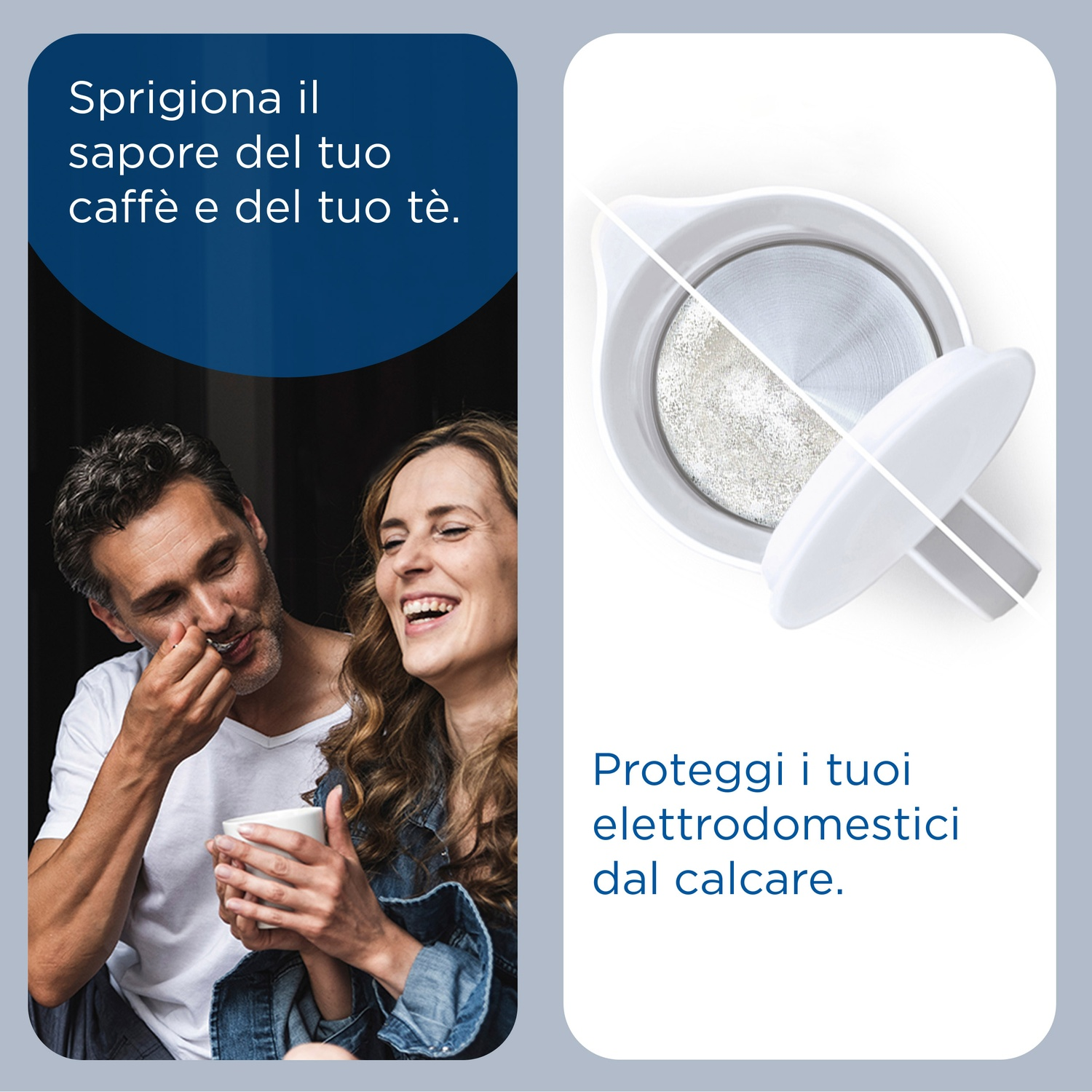 Una coppia gusta il caffè. Una persona beve da una tazza, l'altra tiene un cucchiaio. L'immagine mostra anche un filtro e del testo.