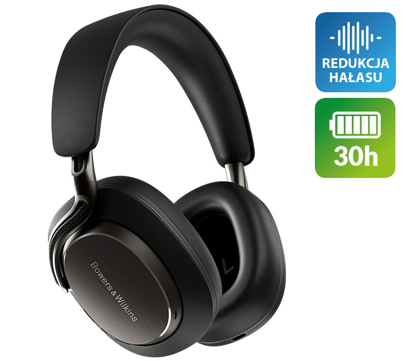 Czarne słuchawki z redukcją szumów i 30h pracy na baterii na białym tle. Marka to Bowers & Wilkins.