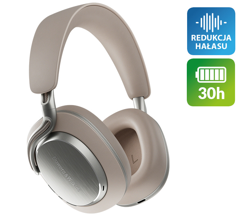 Beżowe słuchawki ze srebrnymi akcentami. Redukcja szumów i ikony 30h baterii po prawej.
