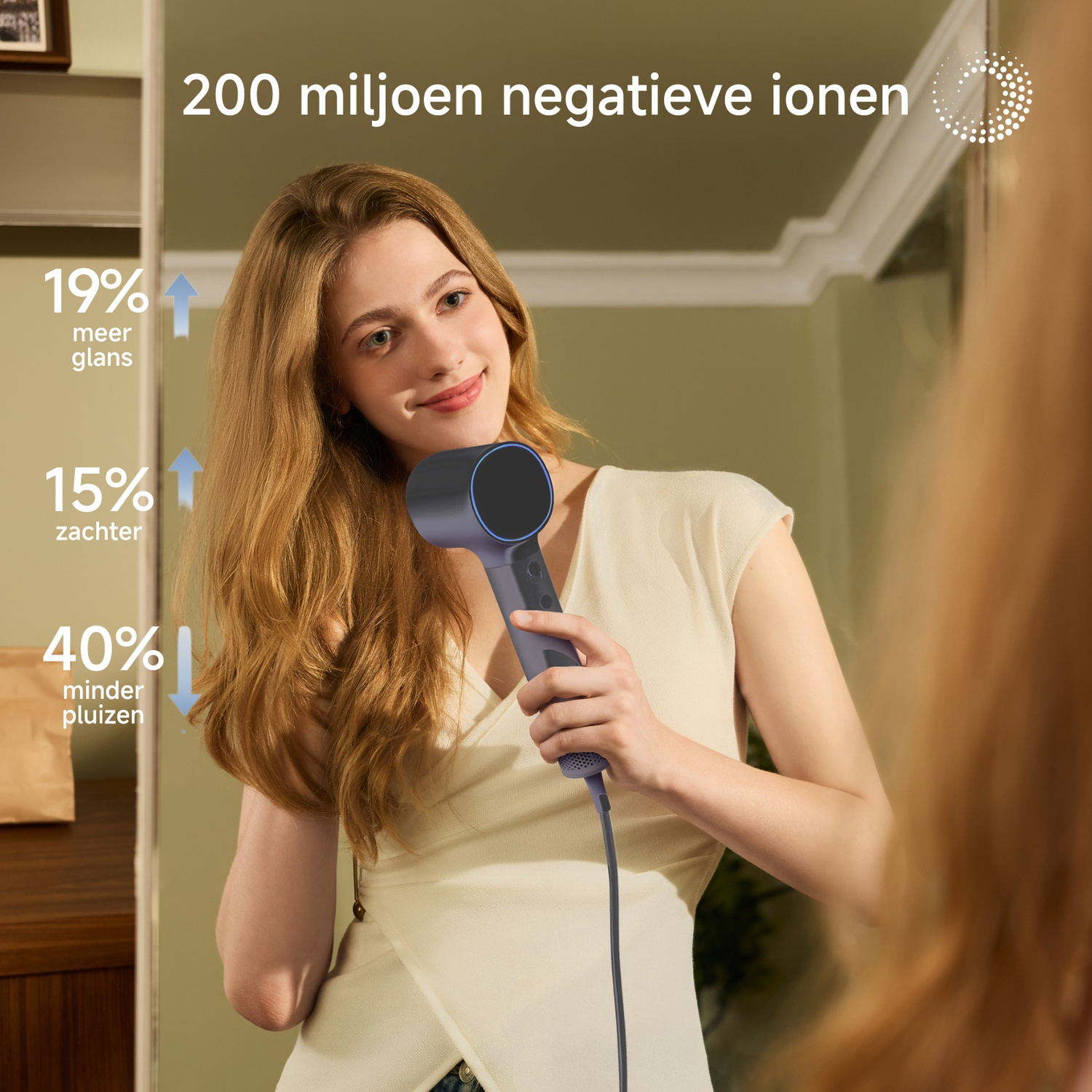 A woman is using a hair dryer in front of a mirror. Text indicates increased shine, softness, and reduced frizz. The background is a bathroom.