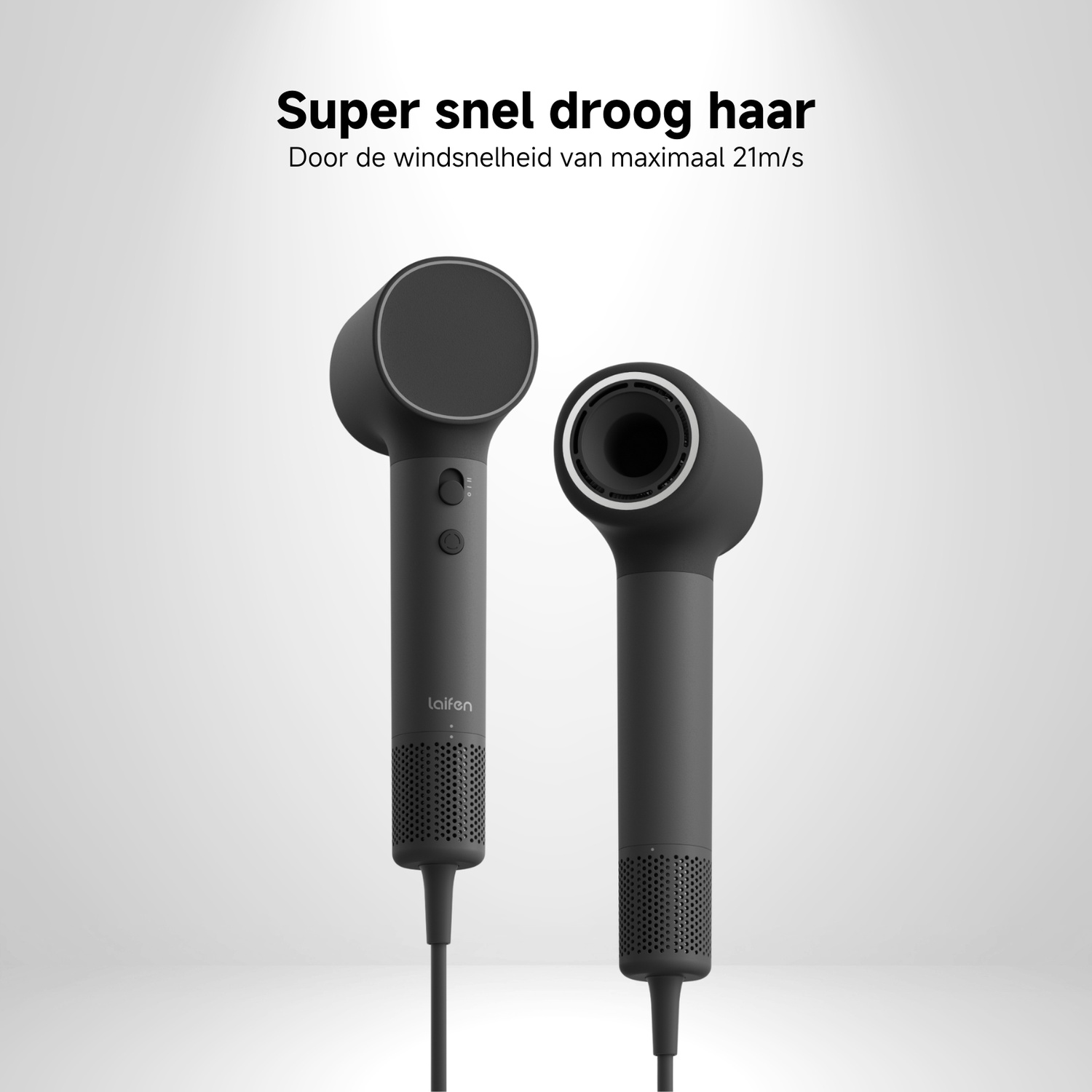 Two black hair dryers. The text at the top says 'Super snel droog haar'. The bottom says 'Laifen' and the wind speed is 21m/s.