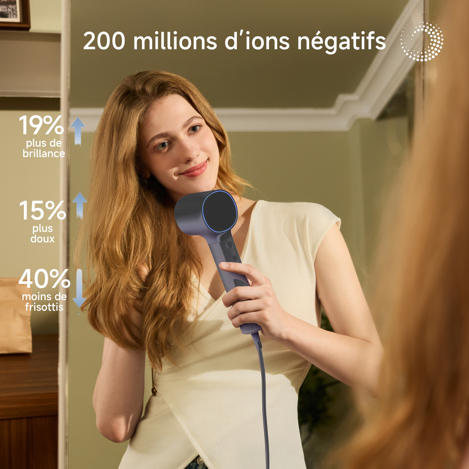 Une femme utilise un sèche-cheveux, se regardant dans un miroir. Le texte indique les avantages: 19% plus de brillance, 15% plus doux et 40% moins de frisottis.
