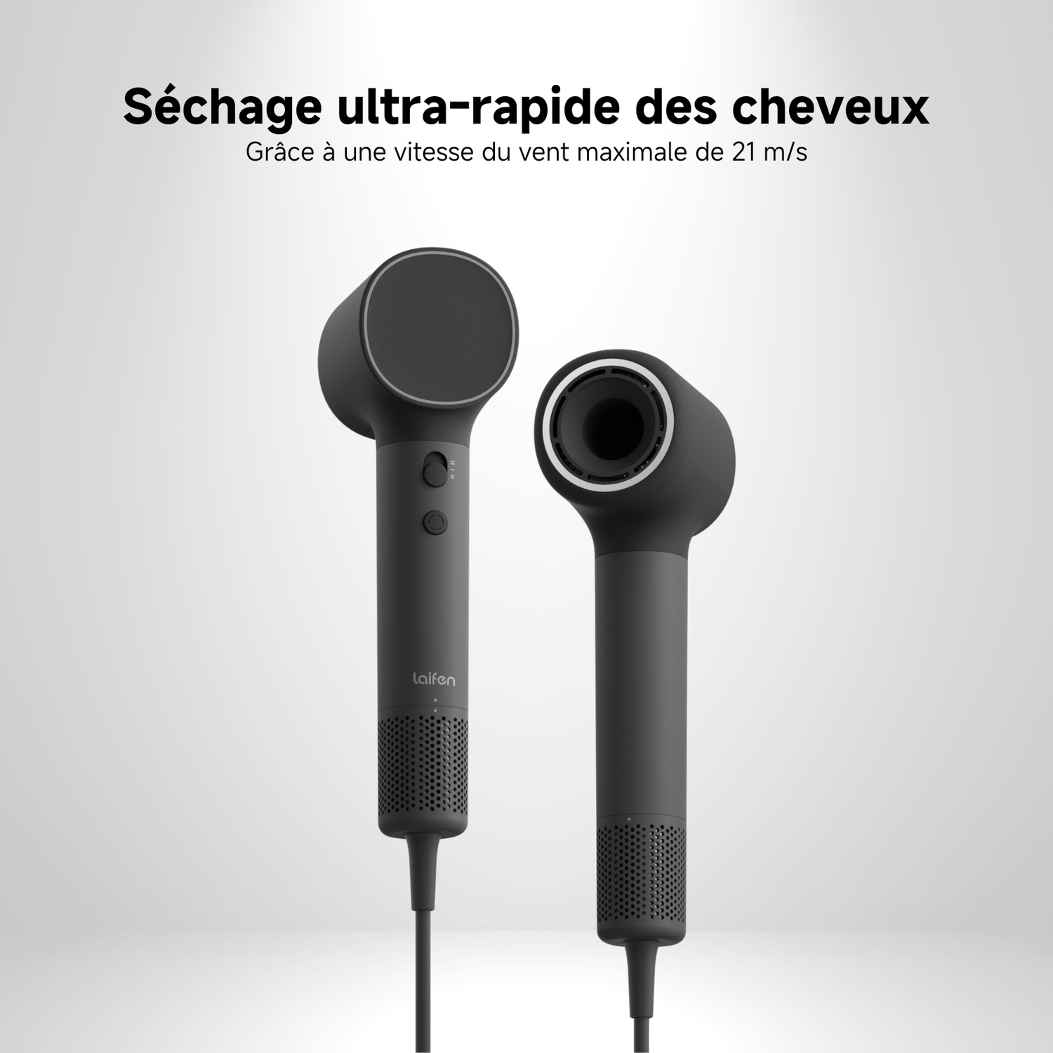 Deux sèche-cheveux noirs sont affichés. Le texte ci-dessus indique 'Séchage ultra-rapide des cheveux'. Le nom du produit 'Laifen' est visible.