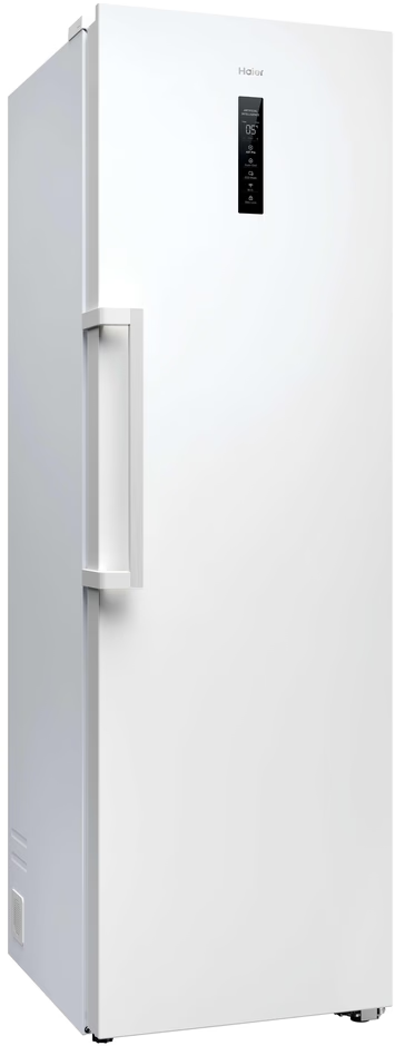 Ein weißer Haier-Kühlschrank mit digitaler Anzeige. Er hat einen langen Griff an der Seite und ein Bedienfeld an der Tür.