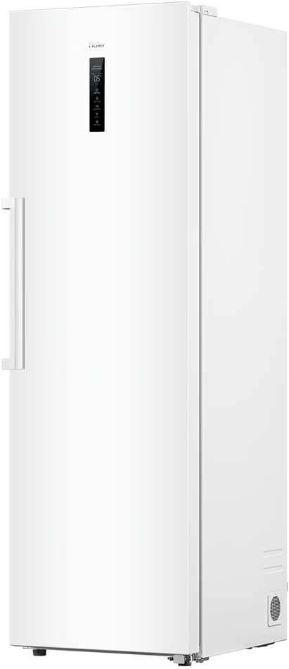 Ein weißer Haier-Gefrierschrank. Er hat einen Griff an der Seite, ein Bedienfeld und eine Lüftung unten.