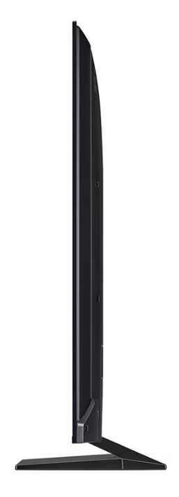 Yan taraftan görülen siyah, ince bir TV. Bir stand üzerinde duruyor. Ekran solda, stand sağda.