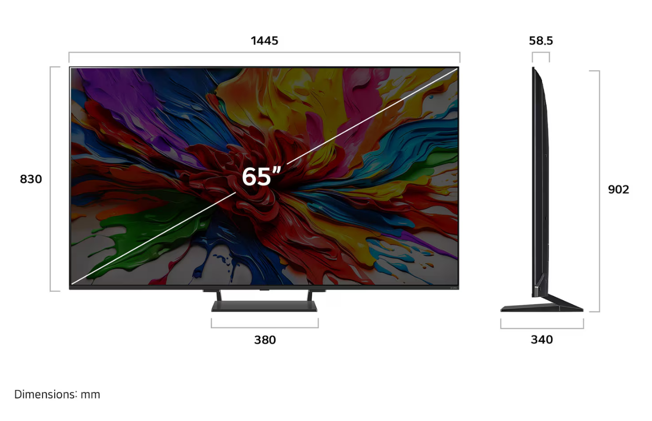 65 inçlik bir TV. Renkli soyut sanat sergiliyor. Boyutlar: 1445 mm genişlik, 830 mm yükseklik, 58,5 mm kalınlık, 902 mm yükseklik taban ile.