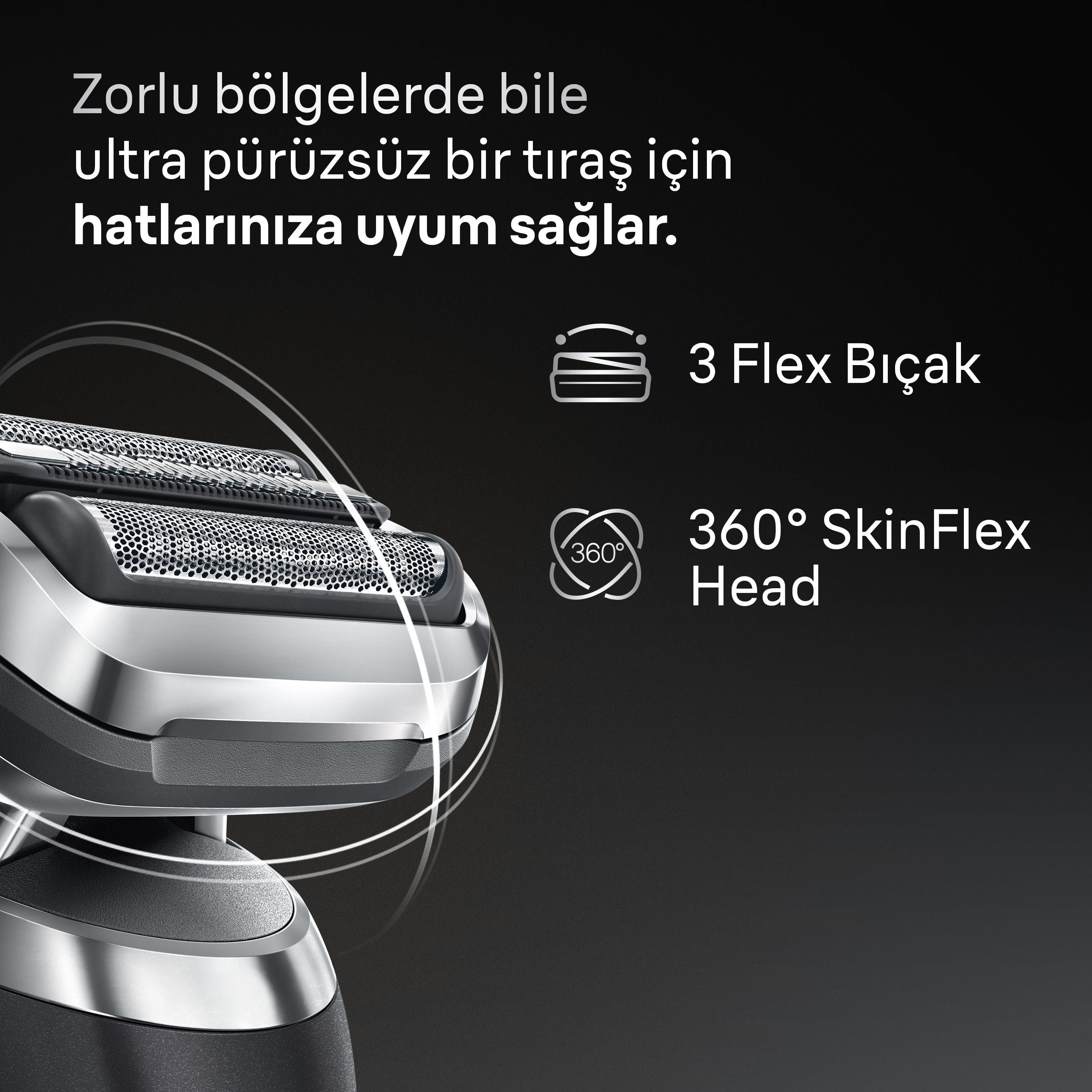 Elektrikli tıraş makinesinin yakın çekimi. Metin: 3 Flex Bıçak, 360° SkinFlex Başlık. Karanlık arka plan.