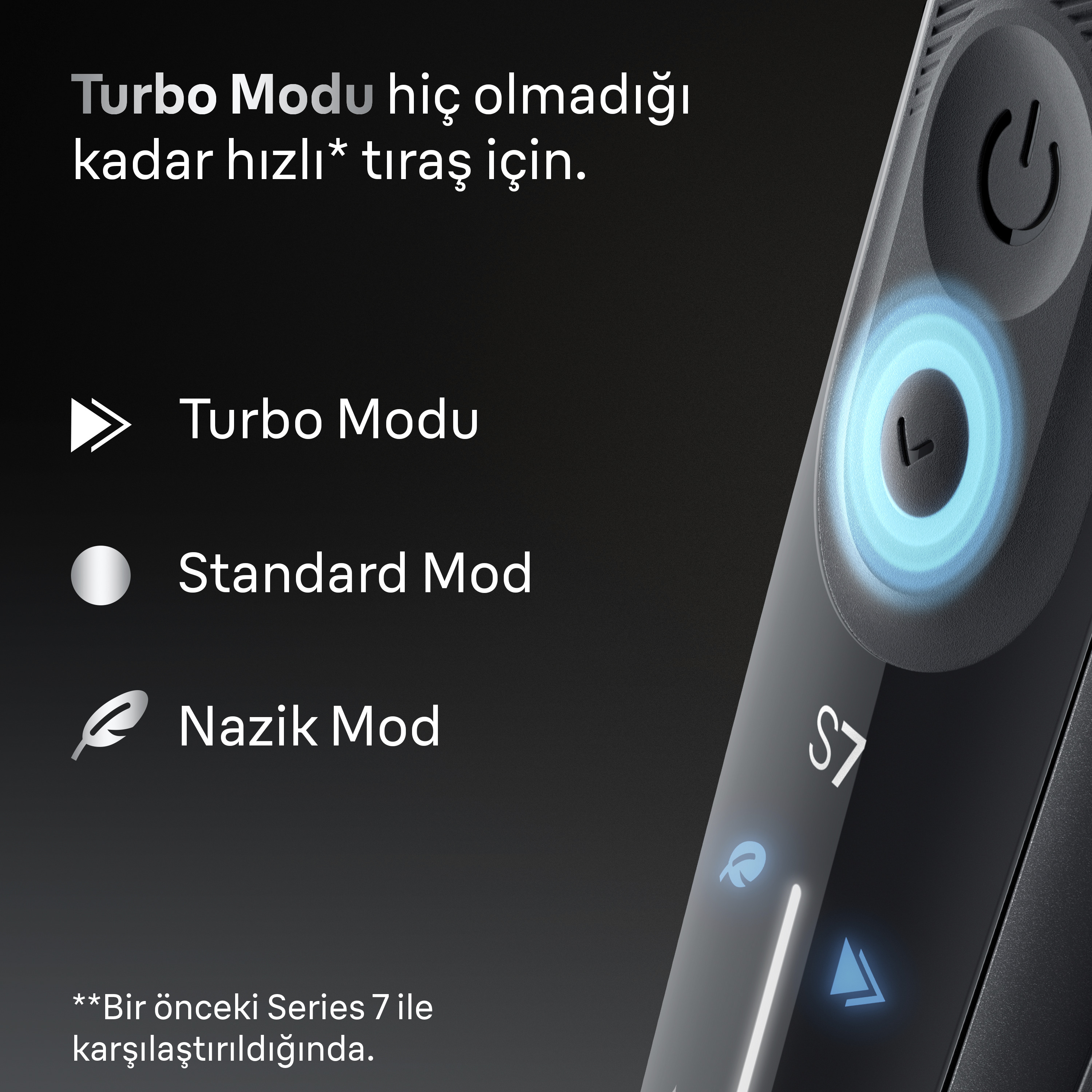 Mavi ışıklı siyah tıraş makinesi. Metin Turbo Modu, Standart Mod ve Nazik Modu içerir.