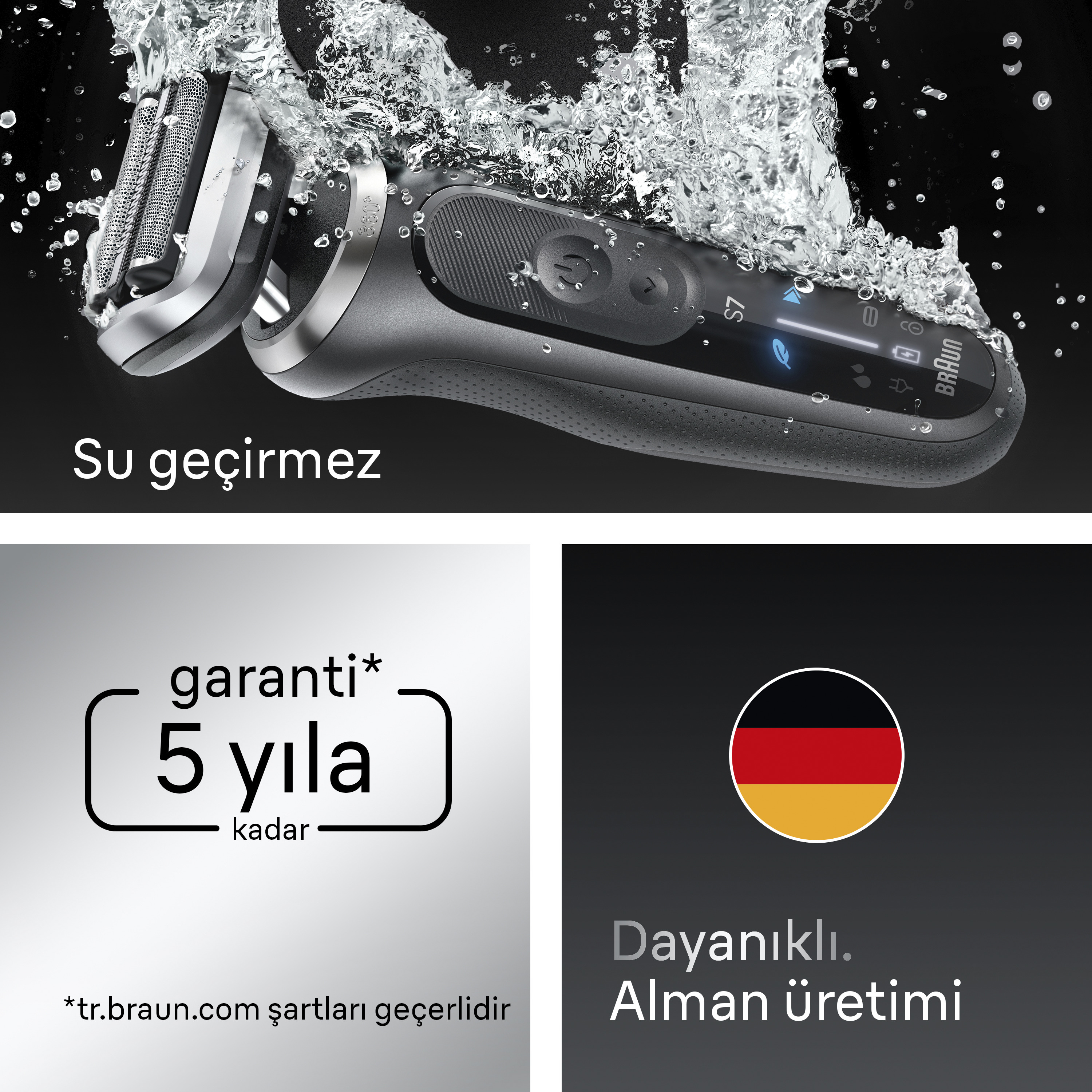Suda bir elektrikli tıraş makinesi. "Su geçirmez" (su geçirmez) metni görünür. Diğer görüntüler garanti ve Alman bayrağını içerir.