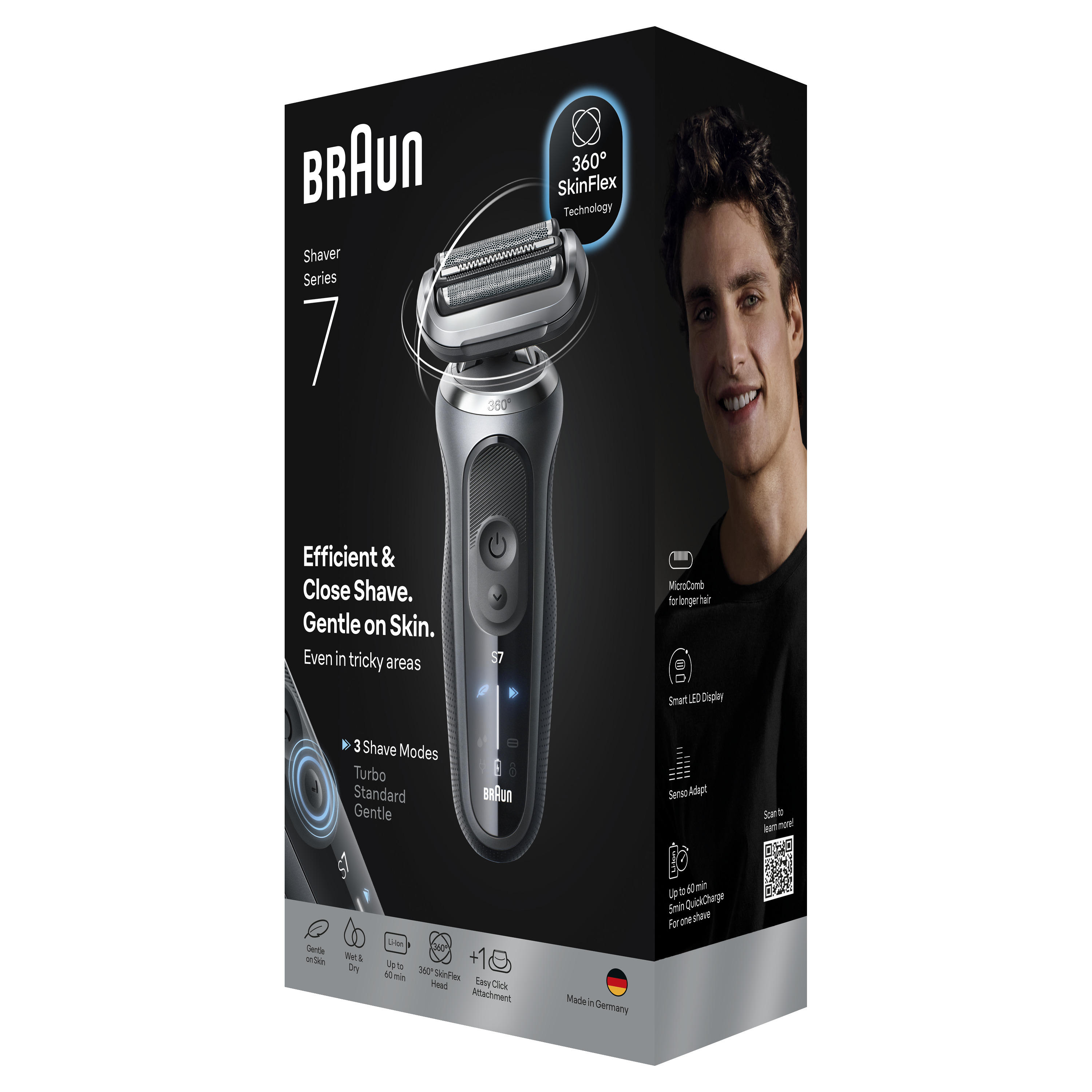 Braun Series 7 tıraş makinesi kutusu. Sağda bir adam gülümsüyor. Tıraş makinesi, siyah ve gri, metin ve logolarla gösteriliyor.