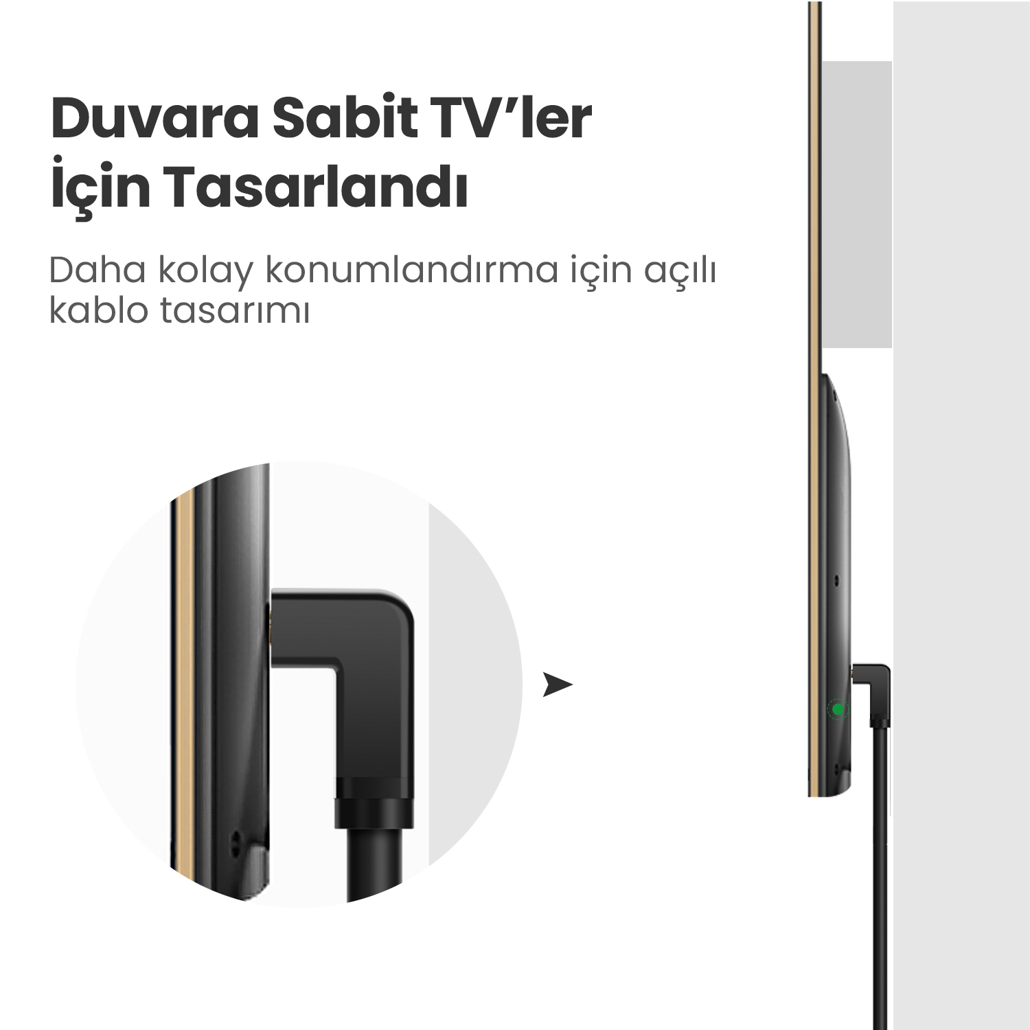 Kablolu siyah bir TV ve kablo tasarımının yakın çekimi. Türkçe metin: Duvara monte TV'ler için tasarlandı.